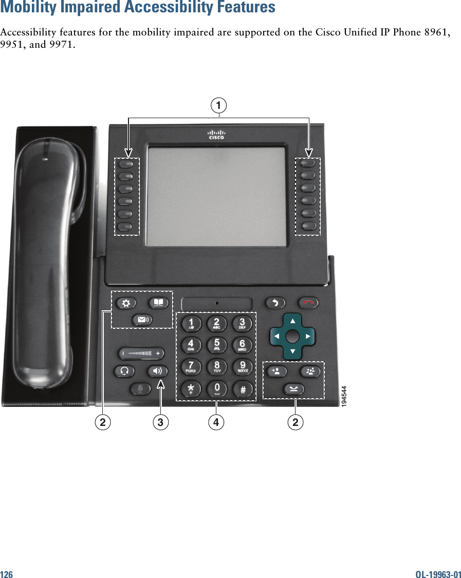 126 OL-19963-01 Mobility Impaired Accessibility FeaturesAccessibility features for the mobility impaired are supported on the Cisco Unified IP Phone 8961, 9951, and 9971.3 2219454414
