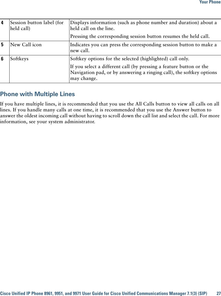 Your PhoneCisco Unified IP Phone 8961, 9951, and 9971 User Guide for Cisco Unified Communications Manager 7.1(3) (SIP) 27 Phone with Multiple LinesIf you have multiple lines, it is recommended that you use the All Calls button to view all calls on all lines. If you handle many calls at one time, it is recommended that you use the Answer button to answer the oldest incoming call without having to scroll down the call list and select the call. For more information, see your system administrator.4Session button label (for held call)Displays information (such as phone number and duration) about a held call on the line.Pressing the corresponding session button resumes the held call.5New Call icon Indicates you can press the corresponding session button to make a new call.6Softkeys Softkey options for the selected (highlighted) call only.If you select a different call (by pressing a feature button or the Navigation pad, or by answering a ringing call), the softkey options may change.