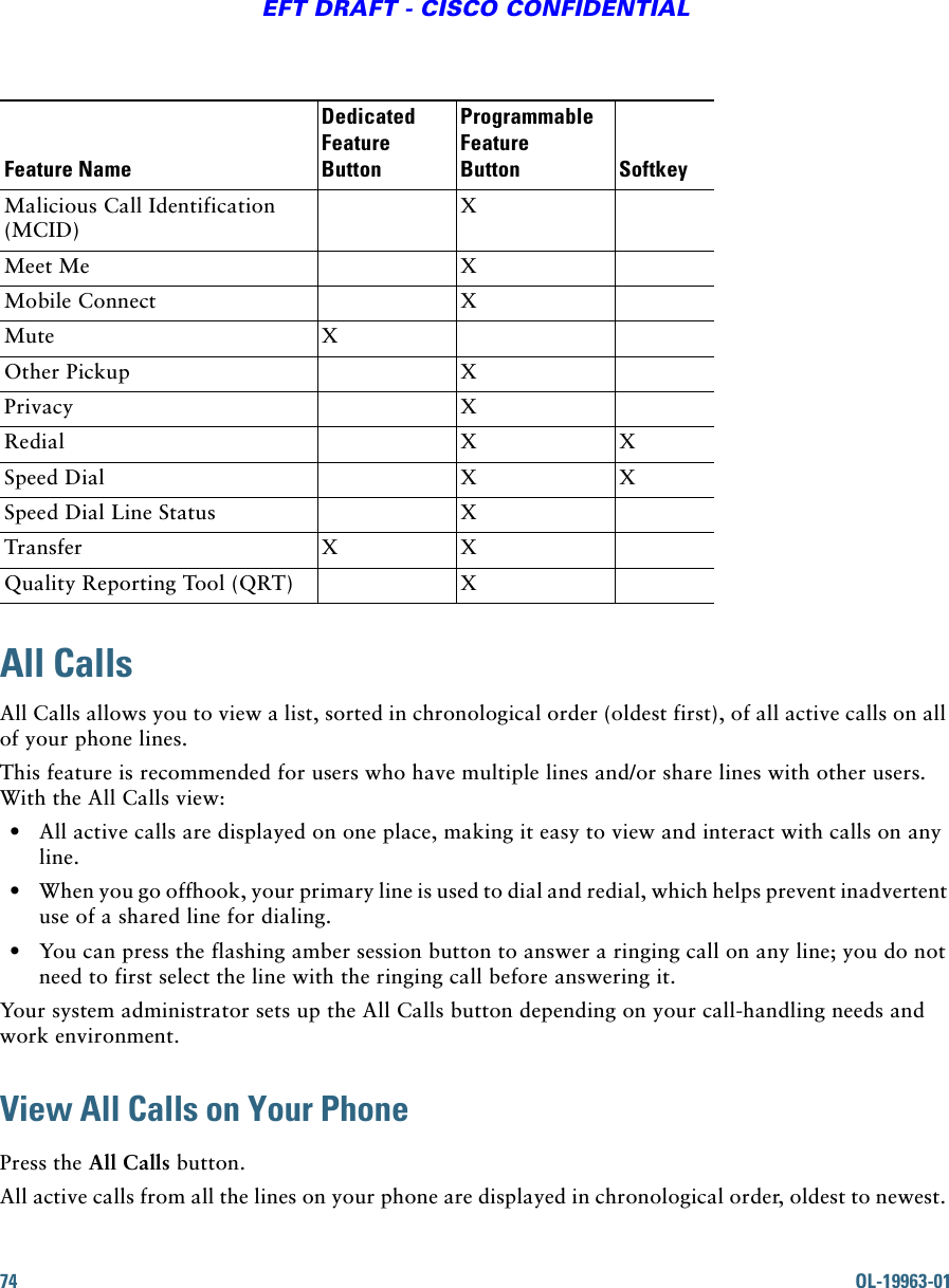 74 OL-19963-01EFT DRAFT - CISCO CONFIDENTIALAll CallsAll Calls allows you to view a list, sorted in chronological order (oldest first), of all active calls on all of your phone lines. This feature is recommended for users who have multiple lines and/or share lines with other users. With the All Calls view:  • All active calls are displayed on one place, making it easy to view and interact with calls on any line.  • When you go offhook, your primary line is used to dial and redial, which helps prevent inadvertent use of a shared line for dialing.  • You can press the flashing amber session button to answer a ringing call on any line; you do not need to first select the line with the ringing call before answering it.Your system administrator sets up the All Calls button depending on your call-handling needs and work environment. View All Calls on Your PhonePress the All Calls button. All active calls from all the lines on your phone are displayed in chronological order, oldest to newest. Malicious Call Identification (MCID)XMeet Me XMobile Connect XMute XOther Pickup XPrivacy XRedial X XSpeed Dial X XSpeed Dial Line Status XTransfer X XQuality Reporting Tool (QRT) XFeature NameDedicated Feature ButtonProgrammable Feature Button Softkey