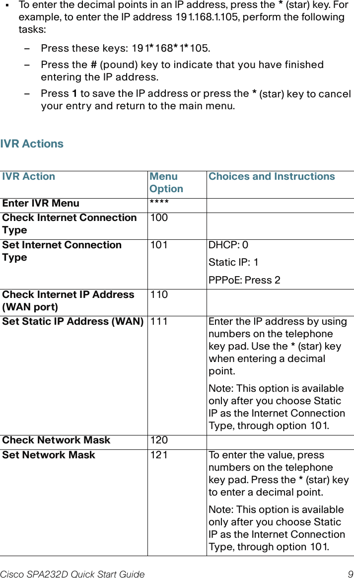 Cisco SPA232D Quick Start Guide 9 •To enter the decimal points in an IP address, press the * (star) key. For example, to enter the IP address 191.168.1.105, perform the following tasks:–Press these keys: 191*168*1*105. –Press the # (pound) key to indicate that you have finished entering the IP address. –Press 1 to save the IP address or press the * (star) key to cancel your entry and return to the main menu.IVR ActionsIVR Action Menu OptionChoices and InstructionsEnter IVR Menu ****Check Internet Connection Type100Set Internet Connection Type101 DHCP: 0Static IP: 1PPPoE: Press 2Check Internet IP Address (WAN port)110Set Static IP Address (WAN) 111 Enter the IP address by using numbers on the telephone key pad. Use the * (star) key when entering a decimal point.Note: This option is available only after you choose Static IP as the Internet Connection Type, through option 101.Check Network Mask 120Set Network Mask 121 To enter the value, press numbers on the telephone key pad. Press the * (star) key to enter a decimal point.Note: This option is available only after you choose Static IP as the Internet Connection Type, through option 101.
