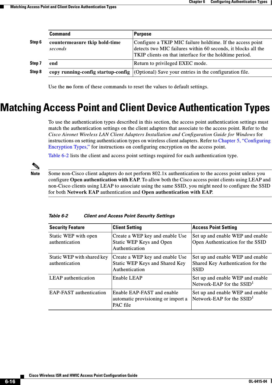 6-16Cisco Wireless ISR and HWIC Access Point Configuration GuideOL-6415-04Chapter 6      Configuring Authentication Types  Matching Access Point and Client Device Authentication TypesUse the no form of these commands to reset the values to default settings. Matching Access Point and Client Device Authentication Types To use the authentication types described in this section, the access point authentication settings must match the authentication settings on the client adapters that associate to the access point. Refer to the Cisco Aironet Wireless LAN Client Adapters Installation and Configuration Guide for Windows for instructions on setting authentication types on wireless client adapters. Refer to Chapter 5, “Configuring Encryption Types,” for instructions on configuring encryption on the access point. Table 6-2 lists the client and access point settings required for each authentication type.Note Some non-Cisco client adapters do not perform 802.1x authentication to the access point unless you configure Open authentication with EAP. To allow both the Cisco access point clients using LEAP and non-Cisco clients using LEAP to associate using the same SSID, you might need to configure the SSID for both Network EAP authentication and Open authentication with EAP.Step 6 countermeasure tkip hold-time secondsConfigure a TKIP MIC failure holdtime. If the access point detects two MIC failures within 60 seconds, it blocks all the TKIP clients on that interface for the holdtime period.Step 7 end Return to privileged EXEC mode.Step 8 copy running-config startup-config (Optional) Save your entries in the configuration file.Command PurposeTa b l e  6-2 Client and Access Point Security Settings Security Feature Client Setting Access Point SettingStatic WEP with open authenticationCreate a WEP key and enable Use Static WEP Keys and Open AuthenticationSet up and enable WEP and enable Open Authentication for the SSIDStatic WEP with shared key authenticationCreate a WEP key and enable Use Static WEP Keys and Shared Key AuthenticationSet up and enable WEP and enable Shared Key Authentication for the SSIDLEAP authentication Enable LEAP Set up and enable WEP and enable Network-EAP for the SSID1EAP-FAST authentication Enable EAP-FAST and enable automatic provisioning or import a PAC fileSet up and enable WEP and enable Network-EAP for the SSID1
