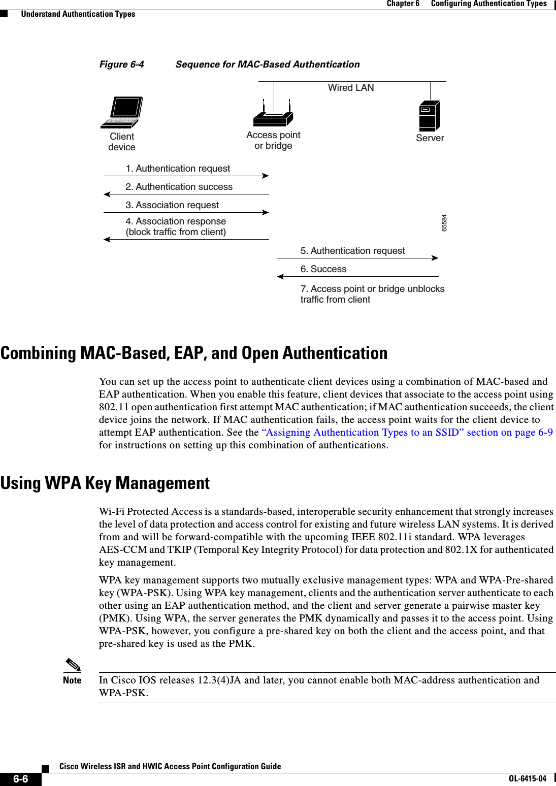 6-6Cisco Wireless ISR and HWIC Access Point Configuration GuideOL-6415-04Chapter 6      Configuring Authentication Types  Understand Authentication TypesFigure 6-4 Sequence for MAC-Based AuthenticationCombining MAC-Based, EAP, and Open AuthenticationYou can set up the access point to authenticate client devices using a combination of MAC-based and EAP authentication. When you enable this feature, client devices that associate to the access point using 802.11 open authentication first attempt MAC authentication; if MAC authentication succeeds, the client device joins the network. If MAC authentication fails, the access point waits for the client device to attempt EAP authentication. See the “Assigning Authentication Types to an SSID” section on page 6-9 for instructions on setting up this combination of authentications.Using WPA Key ManagementWi-Fi Protected Access is a standards-based, interoperable security enhancement that strongly increases the level of data protection and access control for existing and future wireless LAN systems. It is derived from and will be forward-compatible with the upcoming IEEE 802.11i standard. WPA leverages AES-CCM and TKIP (Temporal Key Integrity Protocol) for data protection and 802.1X for authenticated key management.WPA key management supports two mutually exclusive management types: WPA and WPA-Pre-shared key (WPA-PSK). Using WPA key management, clients and the authentication server authenticate to each other using an EAP authentication method, and the client and server generate a pairwise master key (PMK). Using WPA, the server generates the PMK dynamically and passes it to the access point. Using WPA-PSK, however, you configure a pre-shared key on both the client and the access point, and that pre-shared key is used as the PMK.Note In Cisco IOS releases 12.3(4)JA and later, you cannot enable both MAC-address authentication and WPA-PSK.Access pointor bridgeWired LANClientdevice Server1. Authentication request2. Authentication success3. Association request4. Association response(block traffic from client)5. Authentication request6. Success7. Access point or bridge unblockstraffic from client65584