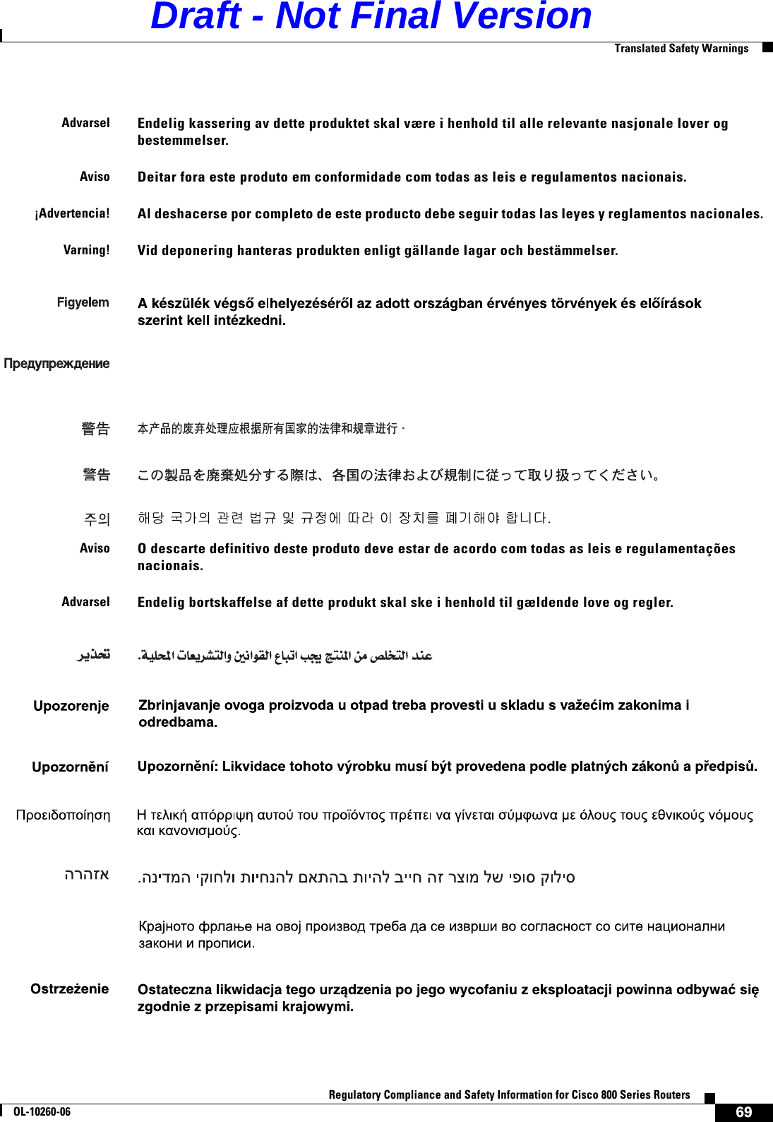 69Regulatory Compliance and Safety Information for Cisco 800 Series RoutersOL-10260-06  Translated Safety WarningsAdvarselEndelig kassering av dette produktet skal være i henhold til alle relevante nasjonale lover og bestemmelser.AvisoDeitar fora este produto em conformidade com todas as leis e regulamentos nacionais.¡Advertencia!Al deshacerse por completo de este producto debe seguir todas las leyes y reglamentos nacionales.Varning!Vid deponering hanteras produkten enligt gällande lagar och bestämmelser. AvisoO descarte definitivo deste produto deve estar de acordo com todas as leis e regulamentações nacionais.AdvarselEndelig bortskaffelse af dette produkt skal ske i henhold til gældende love og regler.Draft - Not Final Version