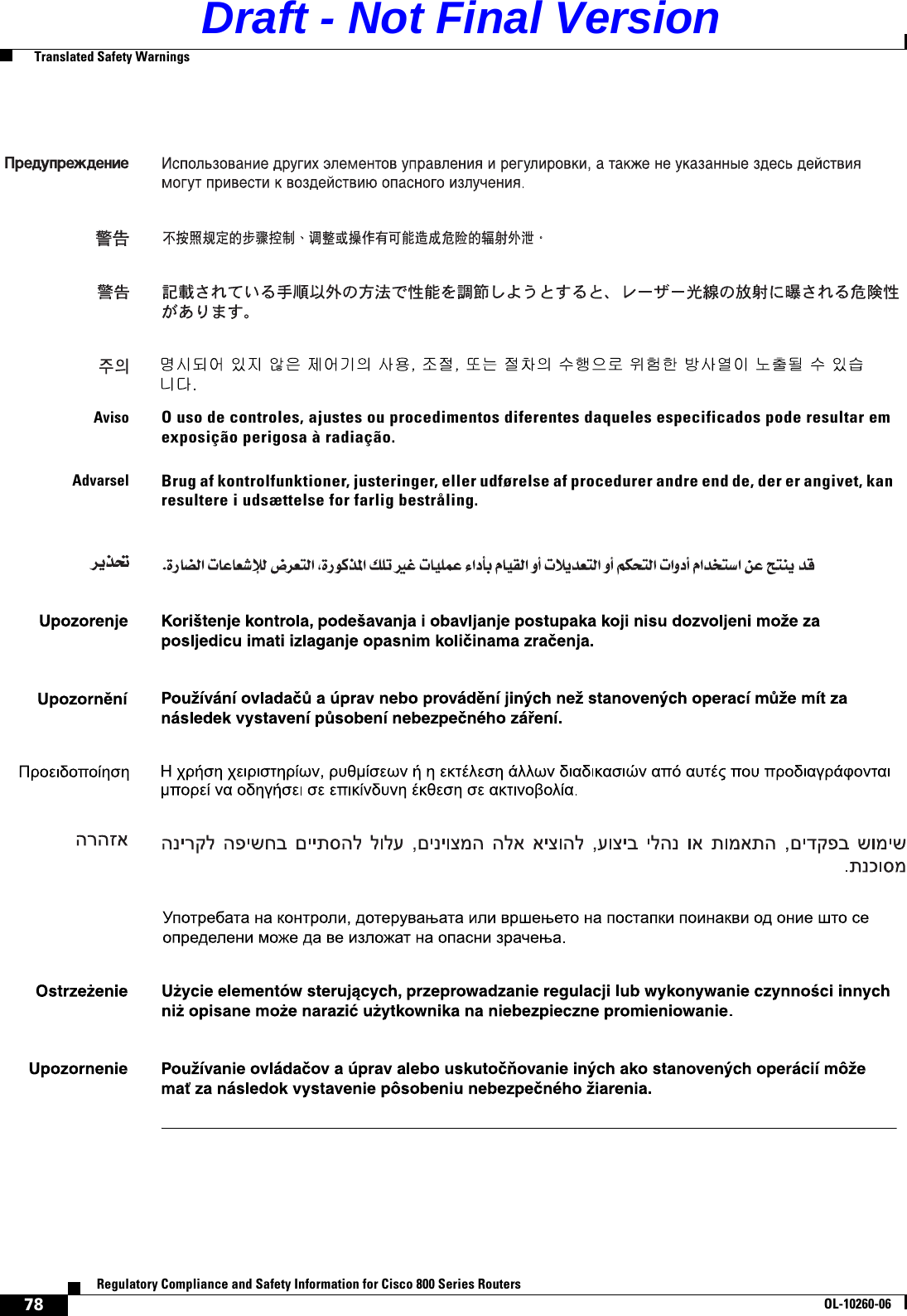 78Regulatory Compliance and Safety Information for Cisco 800 Series RoutersOL-10260-06  Translated Safety WarningsAvisoO uso de controles, ajustes ou procedimentos diferentes daqueles especificados pode resultar em exposição perigosa à radiação.AdvarselBrug af kontrolfunktioner, justeringer, eller udførelse af procedurer andre end de, der er angivet, kan resultere i udsættelse for farlig bestråling.Draft - Not Final Version