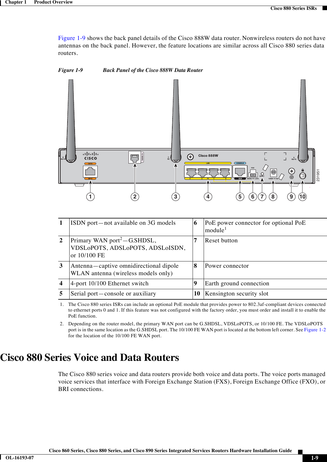  1-9Cisco 860 Series, Cisco 880 Series, and Cisco 890 Series Integrated Services Routers Hardware Installation GuideOL-16193-07Chapter 1      Product Overview  Cisco 880 Series ISRsFigure 1-9 shows the back panel details of the Cisco 888W data router. Nonwireless routers do not have antennas on the back panel. However, the feature locations are similar across all Cisco 880 series data routers.Figure 1-9 Back Panel of the Cisco 888W Data RouterCisco 880 Series Voice and Data RoutersThe Cisco 880 series voice and data routers provide both voice and data ports. The voice ports managed voice services that interface with Foreign Exchange Station (FXS), Foreign Exchange Office (FXO), or BRI connections. 2319511 4 5 6 8 9 1072 31ISDN port—not available on 3G models 6PoE power connector for optional PoE module12Primary WAN port2—G.SHDSL, VDSLoPOTS, ADSLoPOTS, ADSLoISDN, or 10/100 FE7Reset button3Antenna—captive omnidirectional dipole WLAN antenna (wireless models only)8Power connector44-port 10/100 Ethernet switch 9Earth ground connection5Serial port—console or auxiliary 10 Kensington security slot1. The Cisco 880 series ISRs can include an optional PoE module that provides power to 802.3af-compliant devices connected to ethernet ports 0 and 1. If this feature was not configured with the factory order, you must order and install it to enable the PoE function.2. Depending on the router model, the primary WAN port can be G.SHDSL, VDSLoPOTS, or 10/100 FE. The VDSLoPOTS port is in the same location as the G.SHDSL port. The 10/100 FE WAN port is located at the bottom left corner. See Figure 1-2 for the location of the 10/100 FE WAN port.