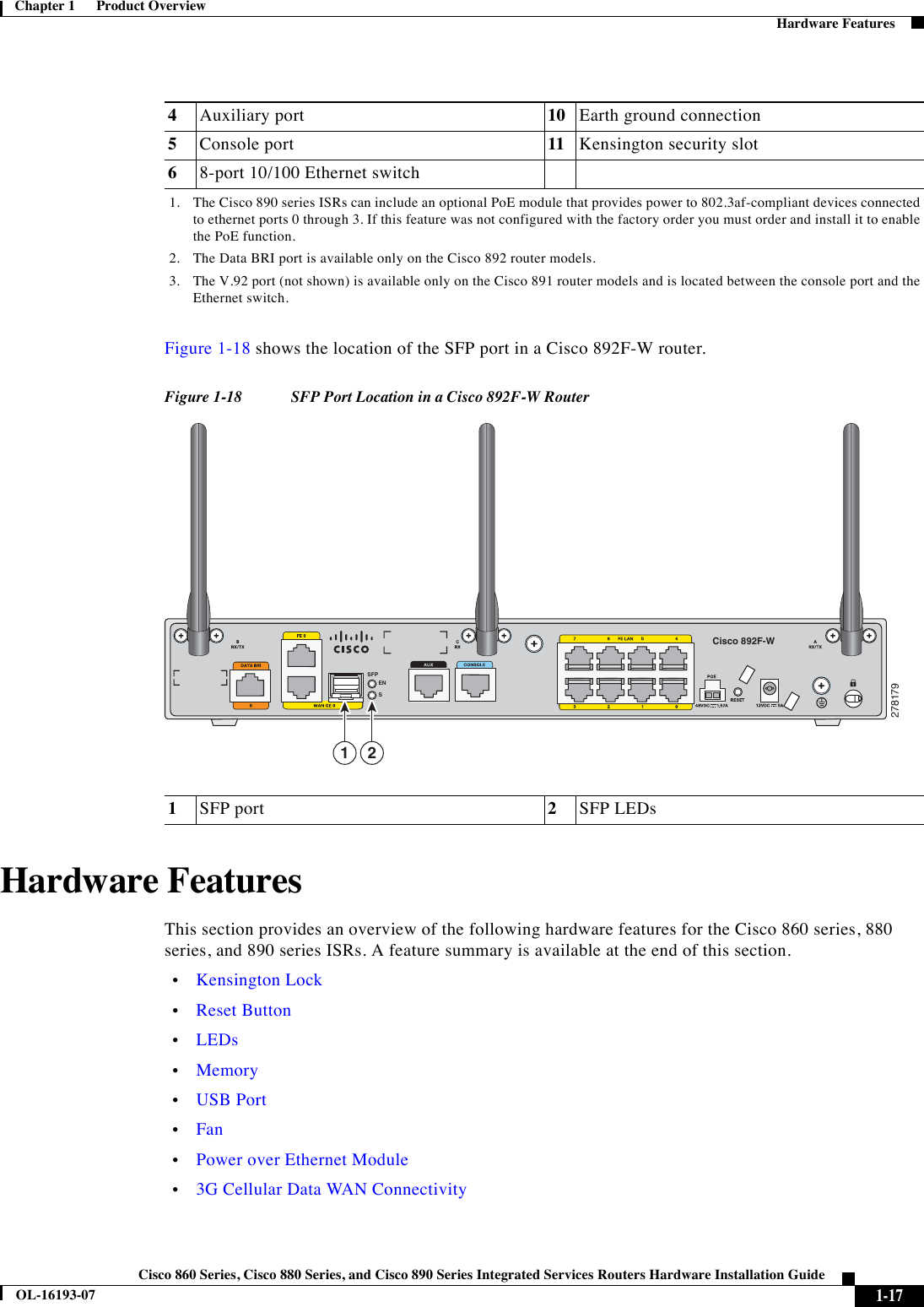  1-17Cisco 860 Series, Cisco 880 Series, and Cisco 890 Series Integrated Services Routers Hardware Installation GuideOL-16193-07Chapter 1      Product Overview  Hardware FeaturesFigure 1-18 shows the location of the SFP port in a Cisco 892F-W router.Figure 1-18 SFP Port Location in a Cisco 892F-W RouterHardware FeaturesThis section provides an overview of the following hardware features for the Cisco 860 series, 880 series, and 890 series ISRs. A feature summary is available at the end of this section.  •Kensington Lock  •Reset Button  •LEDs  •Memory  •USB Port  •Fan  •Power over Ethernet Module  •3G Cellular Data WAN Connectivity4Auxiliary port 10 Earth ground connection5Console port  11 Kensington security slot68-port 10/100 Ethernet switch1. The Cisco 890 series ISRs can include an optional PoE module that provides power to 802.3af-compliant devices connected to ethernet ports 0 through 3. If this feature was not configured with the factory order you must order and install it to enable the PoE function.2. The Data BRI port is available only on the Cisco 892 router models.3. The V.92 port (not shown) is available only on the Cisco 891 router models and is located between the console port and the Ethernet switch.1SFP port 2SFP LEDs278179Cisco 892F-WSFPENS21