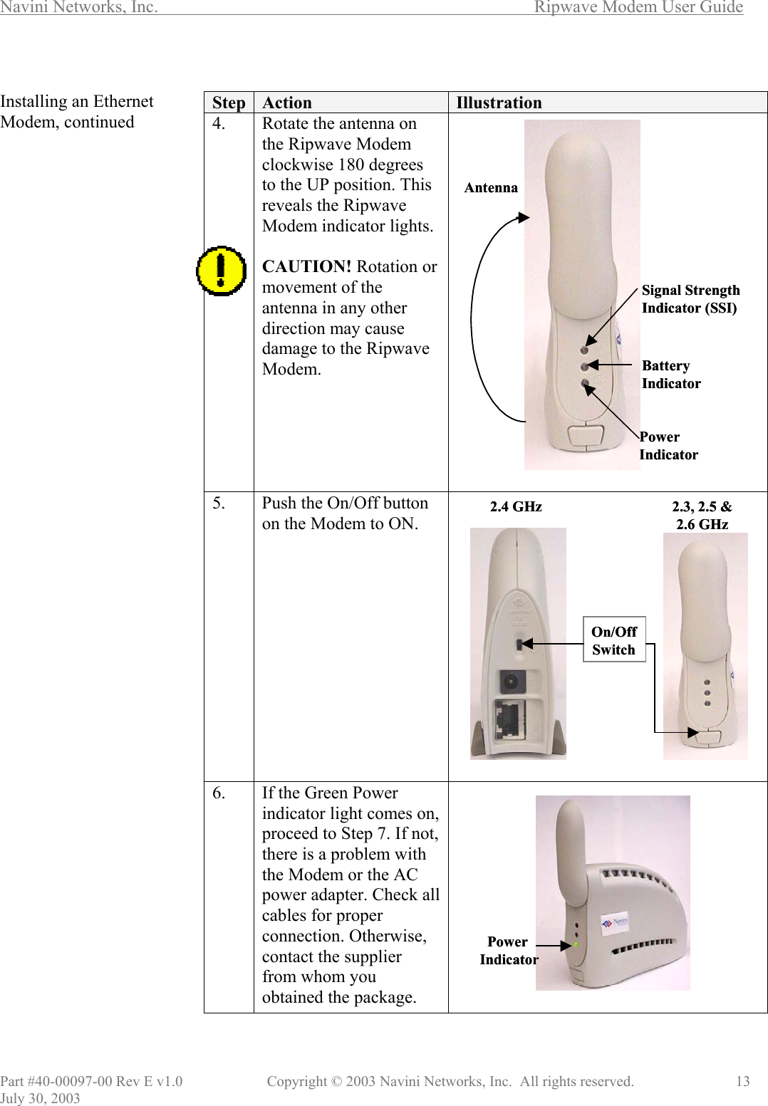 Navini Networks, Inc.        Ripwave Modem User Guide Part #40-00097-00 Rev E v1.0    Copyright © 2003 Navini Networks, Inc.  All rights reserved.               13 July 30, 2003  Installing an Ethernet Modem, continued                                             Step  Action  Illustration 4.  Rotate the antenna on the Ripwave Modem clockwise 180 degrees to the UP position. This reveals the Ripwave Modem indicator lights.  CAUTION! Rotation or movement of the antenna in any other direction may cause damage to the Ripwave Modem.  5.  Push the On/Off button on the Modem to ON.  6.  If the Green Power indicator light comes on, proceed to Step 7. If not, there is a problem with the Modem or the AC power adapter. Check all cables for proper connection. Otherwise, contact the supplier from whom you obtained the package.   Signal Strength Indicator (SSI)Power IndicatorBattery IndicatorAntennaSignal Strength Indicator (SSI)Power IndicatorBattery IndicatorAntennaOn/Off Switch2.4 GHz  2.3, 2.5 &amp;2.6 GHz On/Off Switch2.4 GHz  2.3, 2.5 &amp;2.6 GHz PowerIndicatorPowerIndicator