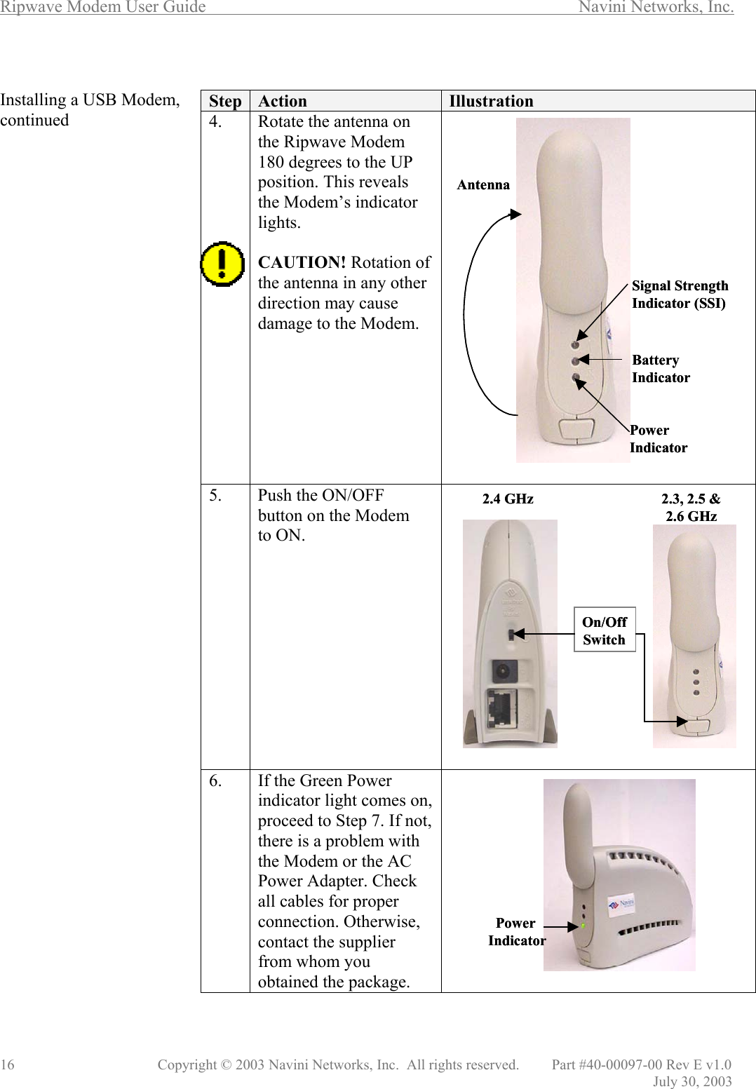 Ripwave Modem User Guide        Navini Networks, Inc. 16      Copyright © 2003 Navini Networks, Inc.  All rights reserved.         Part #40-00097-00 Rev E v1.0                   July 30, 2003  Installing a USB Modem, continued                                             Step  Action  Illustration 4.  Rotate the antenna on the Ripwave Modem 180 degrees to the UP position. This reveals the Modem’s indicator lights.  CAUTION! Rotation of the antenna in any other direction may cause damage to the Modem.   5.  Push the ON/OFF button on the Modem  to ON.  6.  If the Green Power indicator light comes on, proceed to Step 7. If not, there is a problem with the Modem or the AC Power Adapter. Check all cables for proper connection. Otherwise, contact the supplier from whom you obtained the package.    Signal Strength Indicator (SSI)Power IndicatorBattery IndicatorAntennaSignal Strength Indicator (SSI)Power IndicatorBattery IndicatorAntennaOn/Off Switch2.4 GHz  2.3, 2.5 &amp;2.6 GHz On/Off Switch2.4 GHz  2.3, 2.5 &amp;2.6 GHz PowerIndicatorPowerIndicator