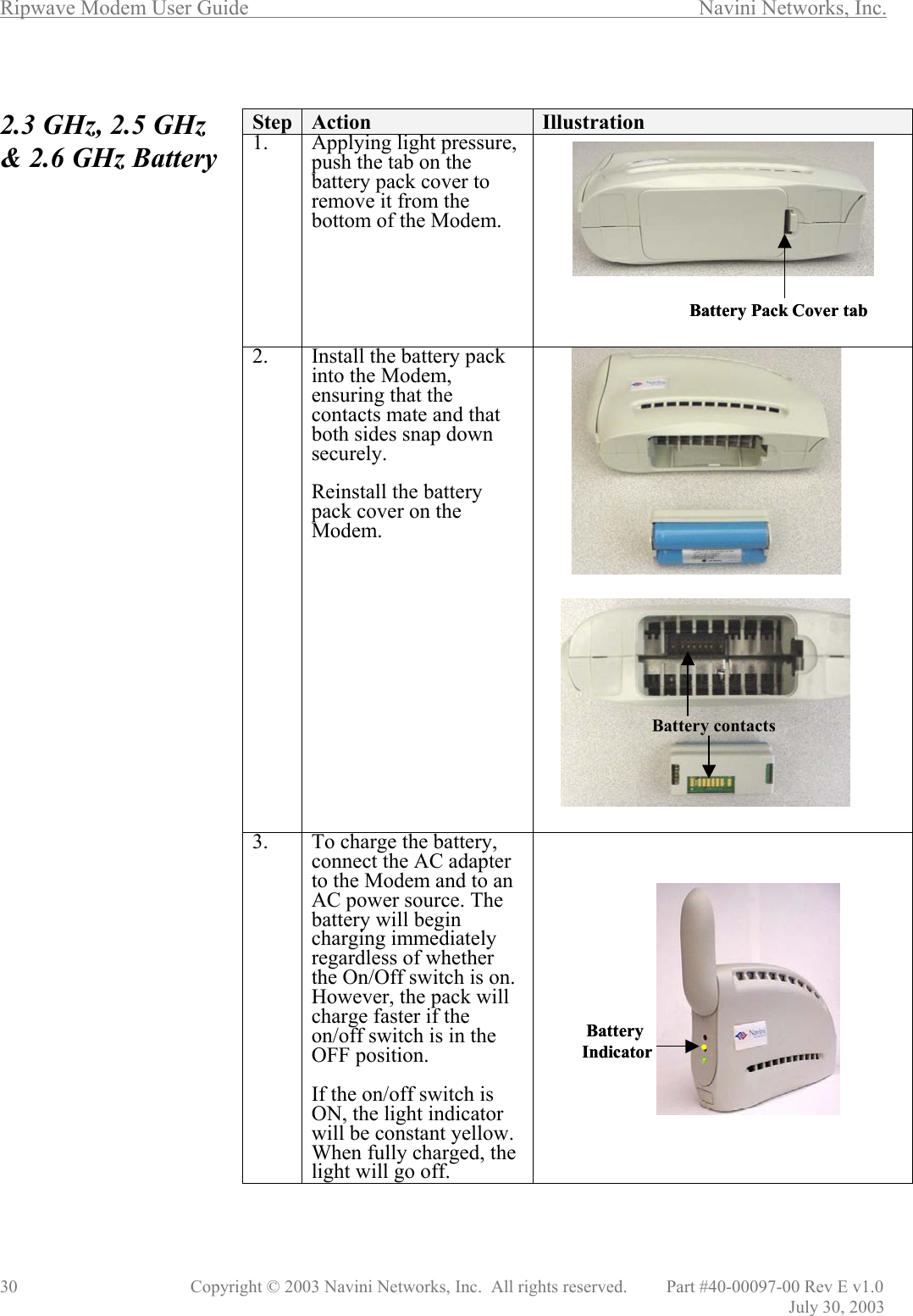 Ripwave Modem User Guide        Navini Networks, Inc. 30      Copyright © 2003 Navini Networks, Inc.  All rights reserved.         Part #40-00097-00 Rev E v1.0                   July 30, 2003  2.3 GHz, 2.5 GHz &amp; 2.6 GHz Battery                                             Step  Action  Illustration 1.  Applying light pressure, push the tab on the battery pack cover to remove it from the bottom of the Modem.  2.  Install the battery pack into the Modem, ensuring that the contacts mate and that both sides snap down securely.  Reinstall the battery pack cover on the Modem.   3.  To charge the battery, connect the AC adapter to the Modem and to an AC power source. The battery will begin charging immediately regardless of whether the On/Off switch is on. However, the pack will charge faster if the on/off switch is in the OFF position.  If the on/off switch is ON, the light indicator will be constant yellow. When fully charged, the light will go off.   BatteryIndicator .BatteryIndicator .Battery Pack Cover tabBattery Pack Cover tabBattery contactsBattery contacts