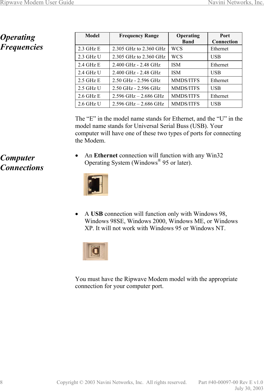 Ripwave Modem User Guide        Navini Networks, Inc. 8      Copyright © 2003 Navini Networks, Inc.  All rights reserved.         Part #40-00097-00 Rev E v1.0                   July 30, 2003  Operating Frequencies               Computer Connections                            Model  Frequency Range  Operating Band Port Connection 2.3 GHz E  2.305 GHz to 2.360 GHz  WCS  Ethernet 2.3 GHz U  2.305 GHz to 2.360 GHz  WCS  USB 2.4 GHz E   2.400 GHz - 2.48 GHz  ISM  Ethernet 2.4 GHz U   2.400 GHz - 2.48 GHz  ISM  USB 2.5 GHz E  2.50 GHz - 2.596 GHz  MMDS/ITFS  Ethernet 2.5 GHz U  2.50 GHz - 2.596 GHz  MMDS/ITFS  USB 2.6 GHz E   2.596 GHz – 2.686 GHz  MMDS/ITFS   Ethernet 2.6 GHz U   2.596 GHz – 2.686 GHz  MMDS/ITFS   USB  The “E” in the model name stands for Ethernet, and the “U” in the model name stands for Universal Serial Buss (USB). Your computer will have one of these two types of ports for connecting the Modem.   •  An Ethernet connection will function with any Win32 Operating System (Windows® 95 or later).        •  A USB connection will function only with Windows 98, Windows 98SE, Windows 2000, Windows ME, or Windows  XP. It will not work with Windows 95 or Windows NT.       You must have the Ripwave Modem model with the appropriate connection for your computer port.            