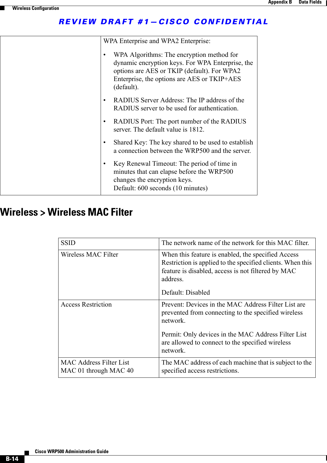 REVIEW DRAFT #1—CISCO CONFIDENTIALB-14Cisco WRP500 Administration Guide Appendix B      Data Fields  Wireless ConfigurationWireless &gt; Wireless MAC FilterWPA Enterprise and WPA2 Enterprise:• WPA Algorithms: The encryption method for dynamic encryption keys. For WPA Enterprise, the options are AES or TKIP (default). For WPA2 Enterprise, the options are AES or TKIP+AES (default).• RADIUS Server Address: The IP address of the RADIUS server to be used for authentication.• RADIUS Port: The port number of the RADIUS server. The default value is 1812.• Shared Key: The key shared to be used to establish a connection between the WRP500 and the server.• Key Renewal Timeout: The period of time in minutes that can elapse before the WRP500 changes the encryption keys. Default: 600 seconds (10 minutes)SSID The network name of the network for this MAC filter.Wireless MAC Filter When this feature is enabled, the specified Access Restriction is applied to the specified clients. When this feature is disabled, access is not filtered by MAC address.Default: DisabledAccess Restriction Prevent: Devices in the MAC Address Filter List are prevented from connecting to the specified wireless network.Permit: Only devices in the MAC Address Filter List are allowed to connect to the specified wireless network.MAC Address Filter ListMAC 01 through MAC 40The MAC address of each machine that is subject to the specified access restrictions.