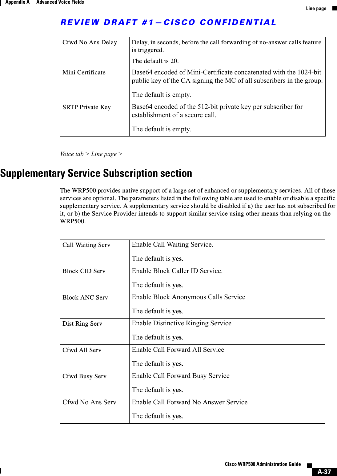 REVIEW DRAFT #1—CISCO CONFIDENTIALA-37Cisco WRP500 Administration Guide Appendix A      Advanced Voice Fields  Line pageVoice tab &gt; Line page &gt;Supplementary Service Subscription sectionThe WRP500 provides native support of a large set of enhanced or supplementary services. All of these services are optional. The parameters listed in the following table are used to enable or disable a specific supplementary service. A supplementary service should be disabled if a) the user has not subscribed for it, or b) the Service Provider intends to support similar service using other means than relying on the WRP500.Cfwd No Ans Delay  Delay, in seconds, before the call forwarding of no-answer calls feature is triggered.The default is 20. Mini Certificate Base64 encoded of Mini-Certificate concatenated with the 1024-bit public key of the CA signing the MC of all subscribers in the group.The default is empty.SRTP Private Key Base64 encoded of the 512-bit private key per subscriber for establishment of a secure call.The default is empty.Call Waiting Serv Enable Call Waiting Service.The default is yes. Block CID Serv Enable Block Caller ID Service.The default is yes. Block ANC Serv Enable Block Anonymous Calls ServiceThe default is yes.Dist Ring Serv Enable Distinctive Ringing ServiceThe default is yes.Cfwd All Serv Enable Call Forward All ServiceThe default is yes.Cfwd Busy Serv Enable Call Forward Busy ServiceThe default is yes.Cfwd No Ans Serv Enable Call Forward No Answer ServiceThe default is yes.