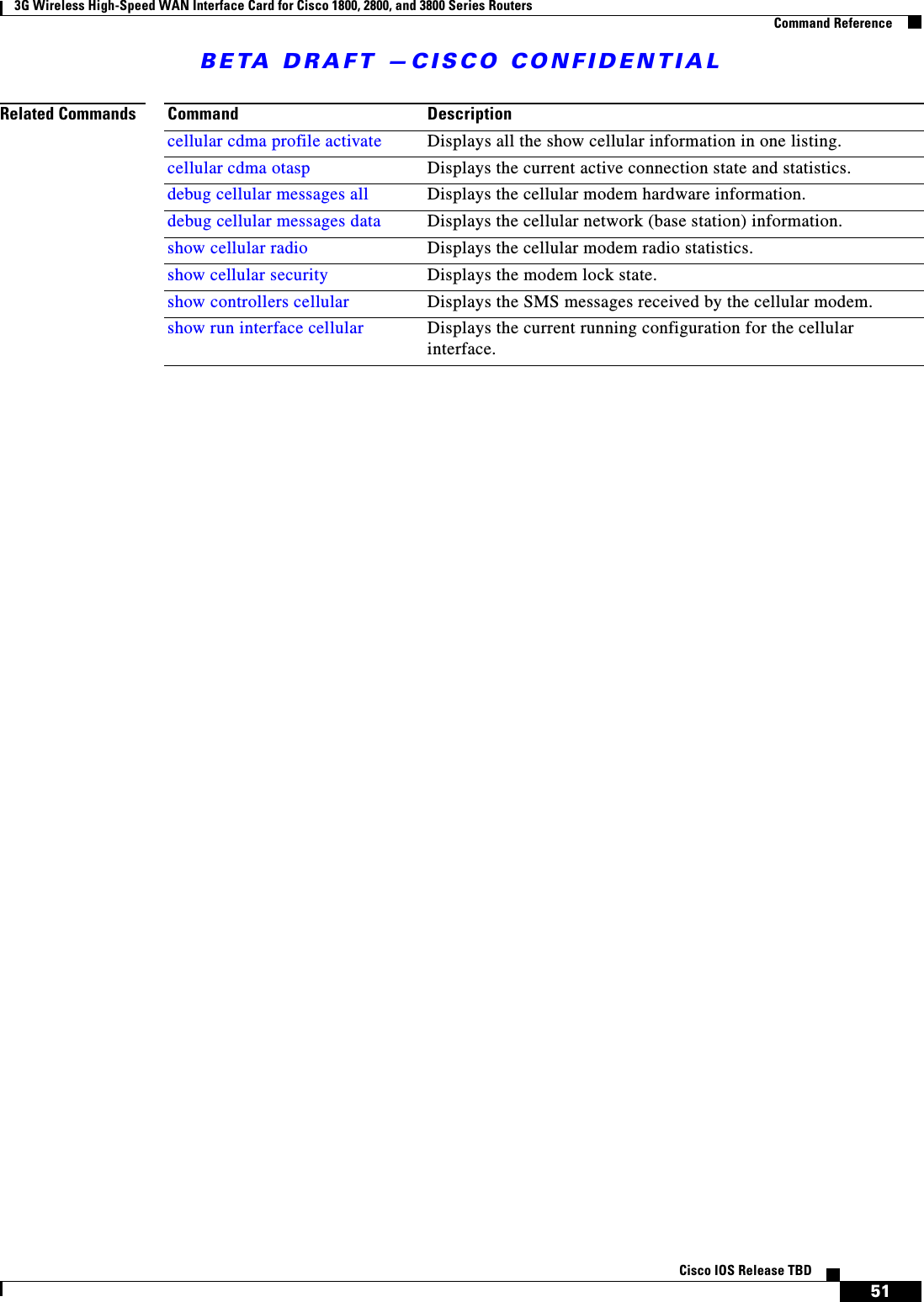 BETA DRAFT —CISCO CONFIDENTIAL3G Wireless High-Speed WAN Interface Card for Cisco 1800, 2800, and 3800 Series RoutersCommand Reference51Cisco IOS Release TBDRelated Commands Command Descriptioncellular cdma profile activate Displays all the show cellular information in one listing.cellular cdma otasp Displays the current active connection state and statistics.debug cellular messages all Displays the cellular modem hardware information.debug cellular messages data Displays the cellular network (base station) information.show cellular radio Displays the cellular modem radio statistics.show cellular security Displays the modem lock state.show controllers cellular Displays the SMS messages received by the cellular modem.show run interface cellular Displays the current running configuration for the cellular interface.