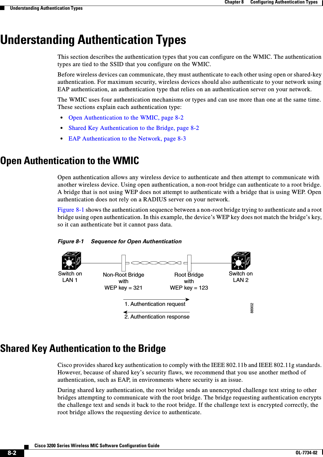 8-2Cisco 3200 Series Wireless MIC Software Configuration GuideOL-7734-02Chapter 8      Configuring Authentication TypesUnderstanding Authentication TypesUnderstanding Authentication TypesThis section describes the authentication types that you can configure on the WMIC. The authentication types are tied to the SSID that you configure on the WMIC. Before wireless devices can communicate, they must authenticate to each other using open or shared-key authentication. For maximum security, wireless devices should also authenticate to your network using EAP authentication, an authentication type that relies on an authentication server on your network.The WMIC uses four authentication mechanisms or types and can use more than one at the same time. These sections explain each authentication type:•Open Authentication to the WMIC, page 8-2•Shared Key Authentication to the Bridge, page 8-2•EAP Authentication to the Network, page 8-3Open Authentication to the WMICOpen authentication allows any wireless device to authenticate and then attempt to communicate with another wireless device. Using open authentication, a non-root bridge can authenticate to a root bridge. A bridge that is not using WEP does not attempt to authenticate with a bridge that is using WEP. Open authentication does not rely on a RADIUS server on your network. Figure 8-1 shows the authentication sequence between a non-root bridge trying to authenticate and a root bridge using open authentication. In this example, the device’s WEP key does not match the bridge’s key, so it can authenticate but it cannot pass data.Figure 8-1 Sequence for Open AuthenticationShared Key Authentication to the BridgeCisco provides shared key authentication to comply with the IEEE 802.11b and IEEE 802.11g standards. However, because of shared key’s security flaws, we recommend that you use another method of authentication, such as EAP, in environments where security is an issue.During shared key authentication, the root bridge sends an unencrypted challenge text string to other bridges attempting to communicate with the root bridge. The bridge requesting authentication encrypts the challenge text and sends it back to the root bridge. If the challenge text is encrypted correctly, the root bridge allows the requesting device to authenticate. 88902Switch onLAN 11. Authentication requestSwitch onLAN 2Non-Root BridgewithWEP key = 321Root BridgewithWEP key = 1232. Authentication response