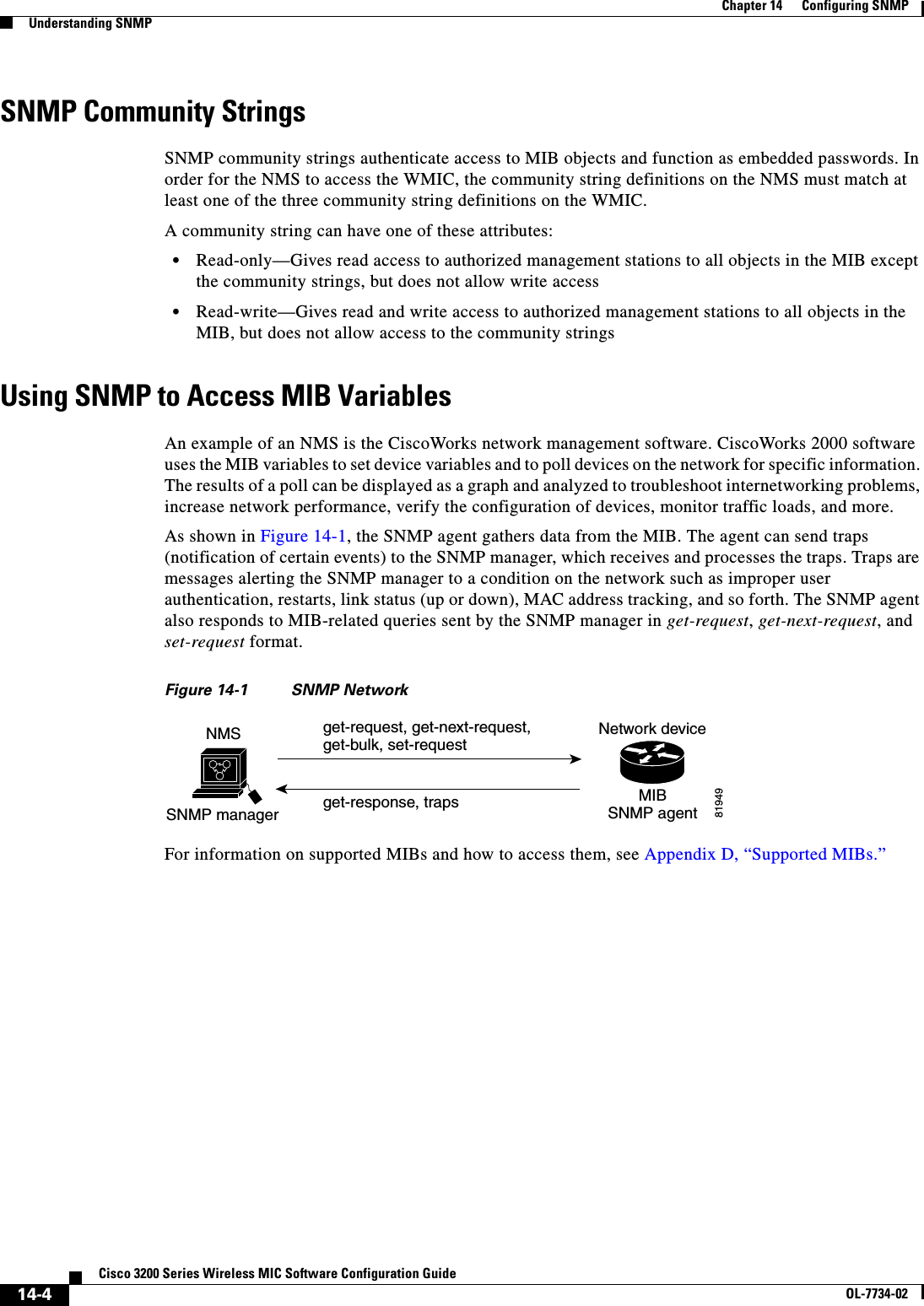 14-4Cisco 3200 Series Wireless MIC Software Configuration GuideOL-7734-02Chapter 14      Configuring SNMPUnderstanding SNMPSNMP Community StringsSNMP community strings authenticate access to MIB objects and function as embedded passwords. In order for the NMS to access the WMIC, the community string definitions on the NMS must match at least one of the three community string definitions on the WMIC.A community string can have one of these attributes:•Read-only—Gives read access to authorized management stations to all objects in the MIB except the community strings, but does not allow write access•Read-write—Gives read and write access to authorized management stations to all objects in the MIB, but does not allow access to the community stringsUsing SNMP to Access MIB Variables An example of an NMS is the CiscoWorks network management software. CiscoWorks 2000 software uses the MIB variables to set device variables and to poll devices on the network for specific information. The results of a poll can be displayed as a graph and analyzed to troubleshoot internetworking problems, increase network performance, verify the configuration of devices, monitor traffic loads, and more.As shown in Figure 14-1, the SNMP agent gathers data from the MIB. The agent can send traps (notification of certain events) to the SNMP manager, which receives and processes the traps. Traps are messages alerting the SNMP manager to a condition on the network such as improper user authentication, restarts, link status (up or down), MAC address tracking, and so forth. The SNMP agent also responds to MIB-related queries sent by the SNMP manager in get-request,get-next-request, and set-request format. Figure 14-1 SNMP NetworkFor information on supported MIBs and how to access them, see Appendix D, “Supported MIBs.”get-request, get-next-request,get-bulk, set-requestNetwork deviceget-response, traps 81949SNMP managerNMSMIBSNMP agent