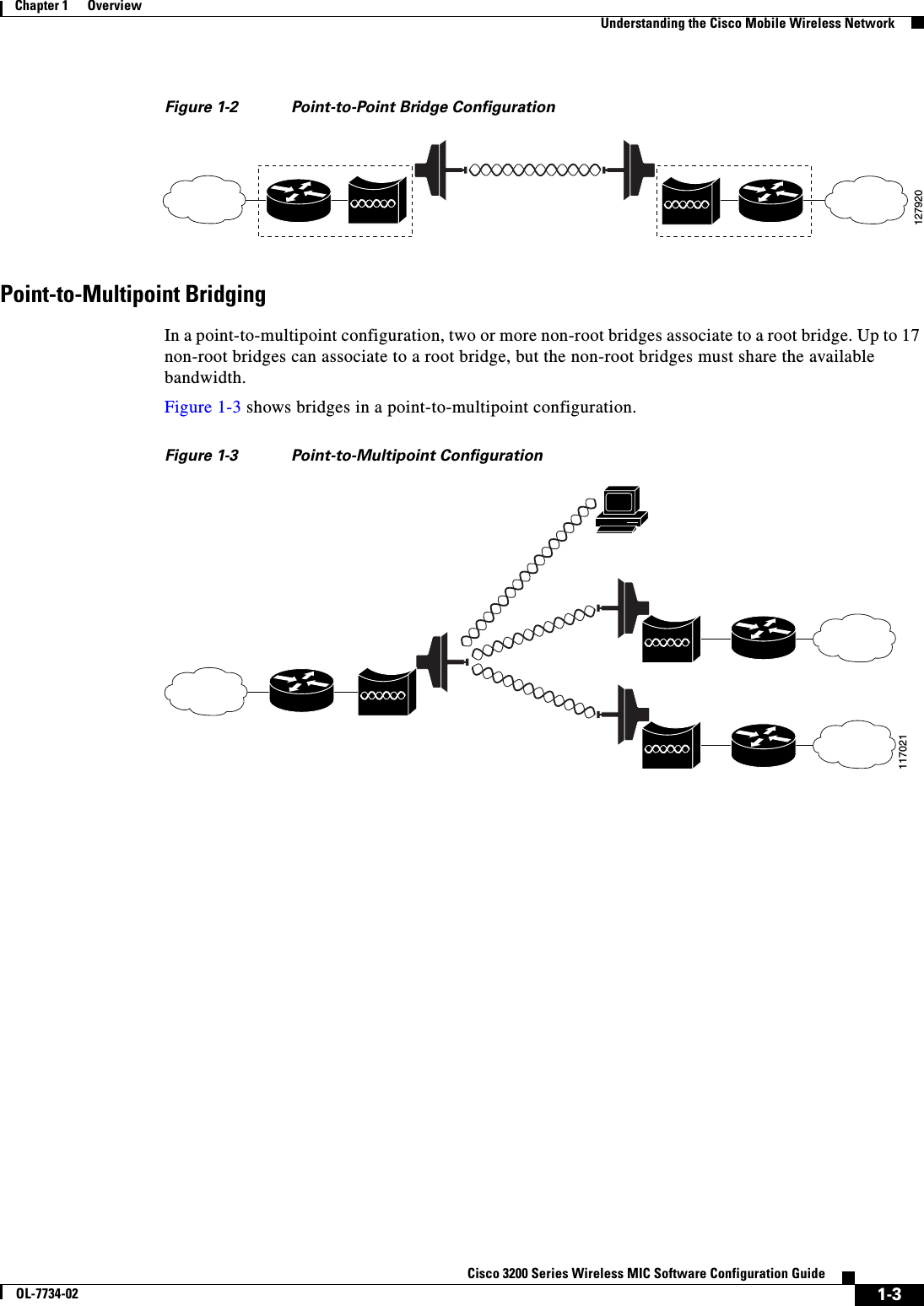 1-3Cisco 3200 Series Wireless MIC Software Configuration GuideOL-7734-02Chapter 1      OverviewUnderstanding the Cisco Mobile Wireless NetworkFigure 1-2 Point-to-Point Bridge ConfigurationPoint-to-Multipoint BridgingIn a point-to-multipoint configuration, two or more non-root bridges associate to a root bridge. Up to 17 non-root bridges can associate to a root bridge, but the non-root bridges must share the available bandwidth. Figure 1-3 shows bridges in a point-to-multipoint configuration. Figure 1-3 Point-to-Multipoint Configuration127920117021