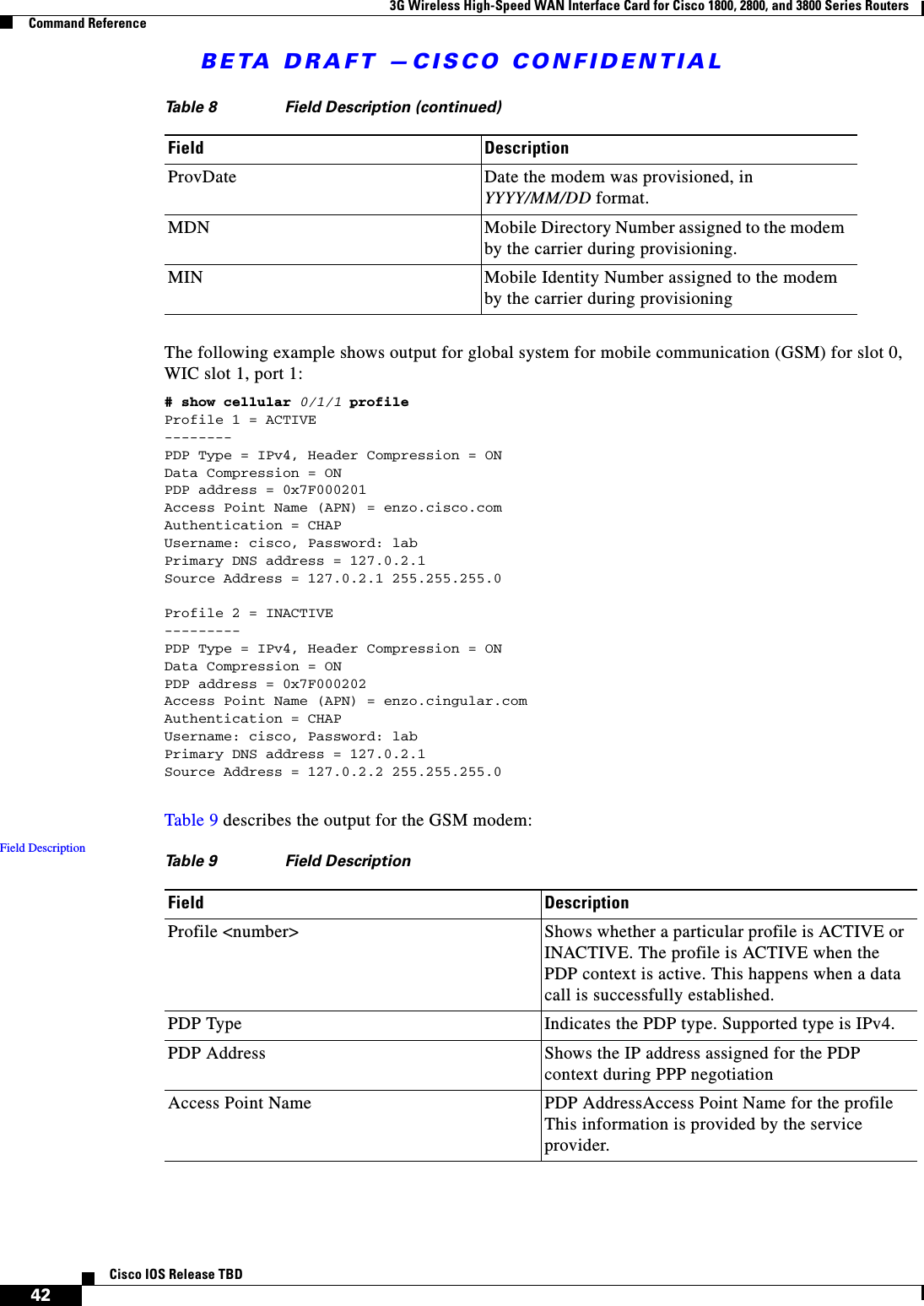 BETA DRAFT —CISCO CONFIDENTIAL3G Wireless High-Speed WAN Interface Card for Cisco 1800, 2800, and 3800 Series RoutersCommand Reference42Cisco IOS Release TBDThe following example shows output for global system for mobile communication (GSM) for slot 0, WIC slot 1, port 1: # show cellular 0/1/1 profileProfile 1 = ACTIVE--------PDP Type = IPv4, Header Compression = ONData Compression = ONPDP address = 0x7F000201Access Point Name (APN) = enzo.cisco.comAuthentication = CHAPUsername: cisco, Password: labPrimary DNS address = 127.0.2.1Source Address = 127.0.2.1 255.255.255.0 Profile 2 = INACTIVE---------PDP Type = IPv4, Header Compression = ONData Compression = ONPDP address = 0x7F000202Access Point Name (APN) = enzo.cingular.comAuthentication = CHAPUsername: cisco, Password: labPrimary DNS address = 127.0.2.1Source Address = 127.0.2.2 255.255.255.0Table 9 describes the output for the GSM modem:Field DescriptionProvDate  Date the modem was provisioned, in YYYY/MM/DD format.MDN Mobile Directory Number assigned to the modem by the carrier during provisioning.MIN Mobile Identity Number assigned to the modem by the carrier during provisioningTable 8 Field Description (continued)Field DescriptionTable 9 Field DescriptionField DescriptionProfile &lt;number&gt; Shows whether a particular profile is ACTIVE or INACTIVE. The profile is ACTIVE when the PDP context is active. This happens when a data call is successfully established.PDP Type Indicates the PDP type. Supported type is IPv4.PDP Address Shows the IP address assigned for the PDP context during PPP negotiationAccess Point Name PDP AddressAccess Point Name for the profile This information is provided by the service provider.