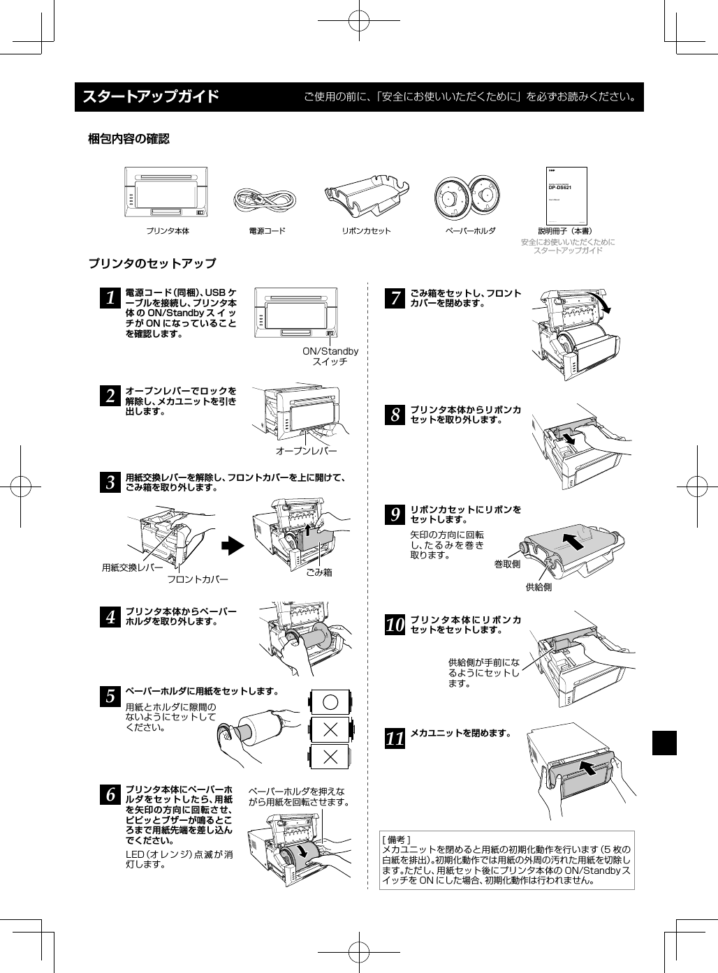 スタートアップガイド ご使用の前に、「安全にお使いいただくために」を必ずお読みください。プリンタのセットアップ梱包内容の確認DIGITAL PHOTO PRINTERUser’s ManualDP-DS621Dai Nippon Printing Co., Ltd. Version 0.20プリンタ本体 電源コード リボンカセット ペーパーホルダ 説明冊子（本書）安全にお使いいただくためにスタートアップガイド1オープンレバーでロックを解除し、メカユニットを引き出します。プリンタ本体からペーパーホルダを取り外します。電源コード（同梱）、USB ケーブルを接続し、プリンタ本体 の ON/Standby ス イ ッチが ON になっていることを確認します。2用紙交換レバーを解除し、フロントカバーを上に開けて、ごみ箱を取り外します。34ペーパーホルダに用紙をセットします。用紙とホルダに隙間のないようにセットしてください。5プリンタ本体にペーパーホルダをセットしたら、用紙を矢印の方向に回転させ、ピピッとブザーが鳴るところまで用紙先端を差し込んでください。LED（オレンジ）点滅が消灯します。67ごみ箱をセットし、フロントカバーを閉めます。8プリンタ本体からリボンカセットを取り外します。9リボンカセットにリボンをセットします。矢印の方向に回転し、たるみを巻き取ります。1011 メカユニットを閉めます。[備考]メカユニットを閉めると用紙の初期化動作を行います（5 枚の白紙を排出）。初期化動作では用紙の外周の汚れた用紙を切除します。ただし、用紙セット後にプリンタ本体の ON/Standby スイッチを ON にした場合、初期化動作は行われません。プリンタ本体にリボンカセットをセットします。巻取側供給側ペーパーホルダを押えながら用紙を回転させます。供給側が手前になるようにセットします。オープンレバー用紙交換レバーフロントカバー ごみ箱ON/Standbyスイッチ