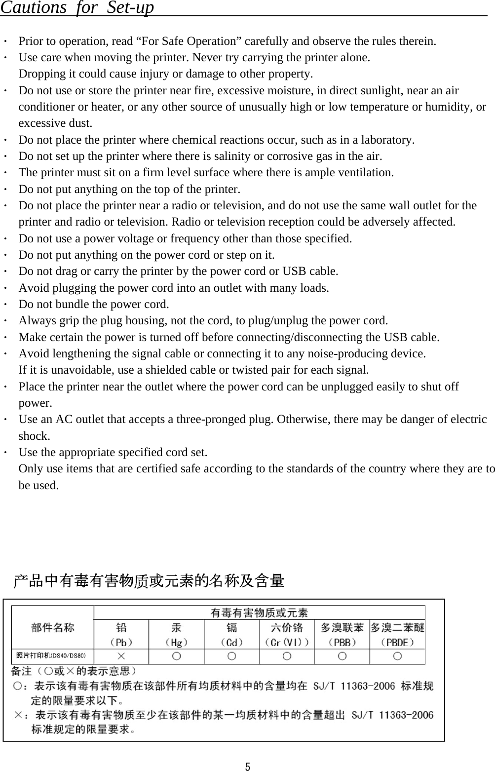  5Cautions for Set-up                                      ・  Prior to operation, read “For Safe Operation” carefully and observe the rules therein. ・  Use care when moving the printer. Never try carrying the printer alone. Dropping it could cause injury or damage to other property. ・  Do not use or store the printer near fire, excessive moisture, in direct sunlight, near an air conditioner or heater, or any other source of unusually high or low temperature or humidity, or excessive dust. ・  Do not place the printer where chemical reactions occur, such as in a laboratory. ・  Do not set up the printer where there is salinity or corrosive gas in the air. ・  The printer must sit on a firm level surface where there is ample ventilation. ・  Do not put anything on the top of the printer. ・  Do not place the printer near a radio or television, and do not use the same wall outlet for the printer and radio or television. Radio or television reception could be adversely affected. ・  Do not use a power voltage or frequency other than those specified. ・  Do not put anything on the power cord or step on it. ・  Do not drag or carry the printer by the power cord or USB cable. ・  Avoid plugging the power cord into an outlet with many loads. ・  Do not bundle the power cord. ・  Always grip the plug housing, not the cord, to plug/unplug the power cord. ・  Make certain the power is turned off before connecting/disconnecting the USB cable. ・  Avoid lengthening the signal cable or connecting it to any noise-producing device. If it is unavoidable, use a shielded cable or twisted pair for each signal. ・  Place the printer near the outlet where the power cord can be unplugged easily to shut off power. ・  Use an AC outlet that accepts a three-pronged plug. Otherwise, there may be danger of electric shock. ・  Use the appropriate specified cord set. Only use items that are certified safe according to the standards of the country where they are to be used.                   