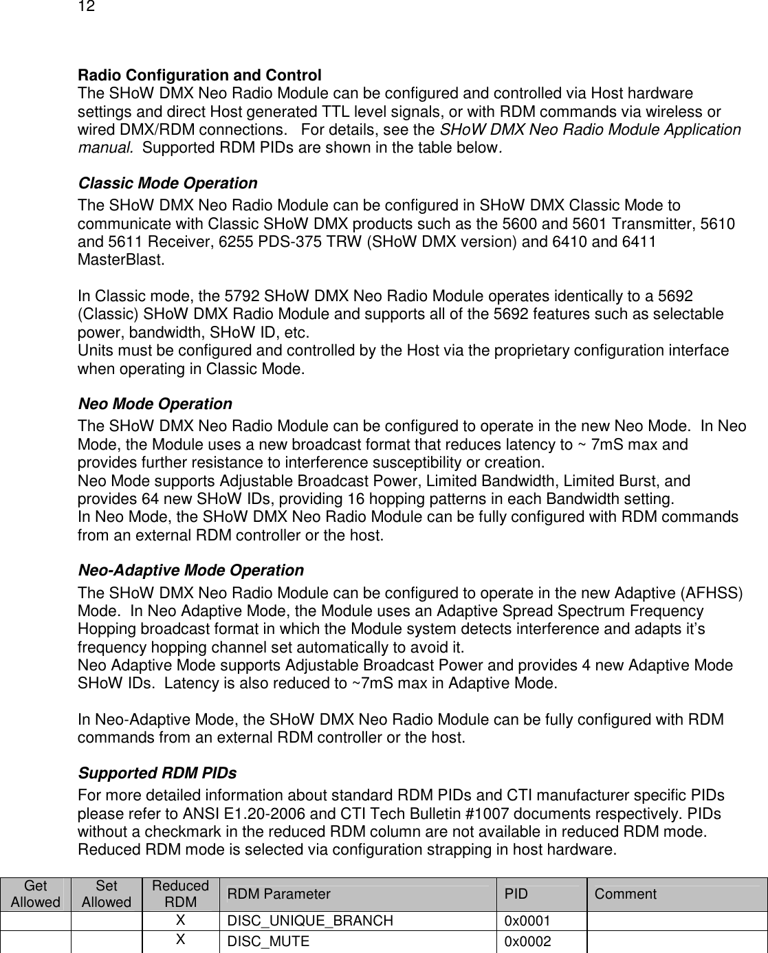 12   Radio Configuration and Control The SHoW DMX Neo Radio Module can be configured and controlled via Host hardware settings and direct Host generated TTL level signals, or with RDM commands via wireless or wired DMX/RDM connections.   For details, see the SHoW DMX Neo Radio Module Application manual.  Supported RDM PIDs are shown in the table below.   Classic Mode Operation The SHoW DMX Neo Radio Module can be configured in SHoW DMX Classic Mode to communicate with Classic SHoW DMX products such as the 5600 and 5601 Transmitter, 5610 and 5611 Receiver, 6255 PDS-375 TRW (SHoW DMX version) and 6410 and 6411 MasterBlast.  In Classic mode, the 5792 SHoW DMX Neo Radio Module operates identically to a 5692 (Classic) SHoW DMX Radio Module and supports all of the 5692 features such as selectable power, bandwidth, SHoW ID, etc. Units must be configured and controlled by the Host via the proprietary configuration interface when operating in Classic Mode.  Neo Mode Operation The SHoW DMX Neo Radio Module can be configured to operate in the new Neo Mode.  In Neo Mode, the Module uses a new broadcast format that reduces latency to ~ 7mS max and provides further resistance to interference susceptibility or creation. Neo Mode supports Adjustable Broadcast Power, Limited Bandwidth, Limited Burst, and provides 64 new SHoW IDs, providing 16 hopping patterns in each Bandwidth setting. In Neo Mode, the SHoW DMX Neo Radio Module can be fully configured with RDM commands from an external RDM controller or the host.  Neo-Adaptive Mode Operation The SHoW DMX Neo Radio Module can be configured to operate in the new Adaptive (AFHSS) Mode.  In Neo Adaptive Mode, the Module uses an Adaptive Spread Spectrum Frequency Hopping broadcast format in which the Module system detects interference and adapts it&rsquo;s frequency hopping channel set automatically to avoid it.   Neo Adaptive Mode supports Adjustable Broadcast Power and provides 4 new Adaptive Mode SHoW IDs.  Latency is also reduced to ~7mS max in Adaptive Mode.  In Neo-Adaptive Mode, the SHoW DMX Neo Radio Module can be fully configured with RDM commands from an external RDM controller or the host. Supported RDM PIDs For more detailed information about standard RDM PIDs and CTI manufacturer specific PIDs please refer to ANSI E1.20-2006 and CTI Tech Bulletin #1007 documents respectively. PIDs without a checkmark in the reduced RDM column are not available in reduced RDM mode. Reduced RDM mode is selected via configuration strapping in host hardware.  Get Allowed  Set Allowed  Reduced RDM  RDM Parameter  PID  Comment     X  DISC_UNIQUE_BRANCH  0x0001       X  DISC_MUTE  0x0002   