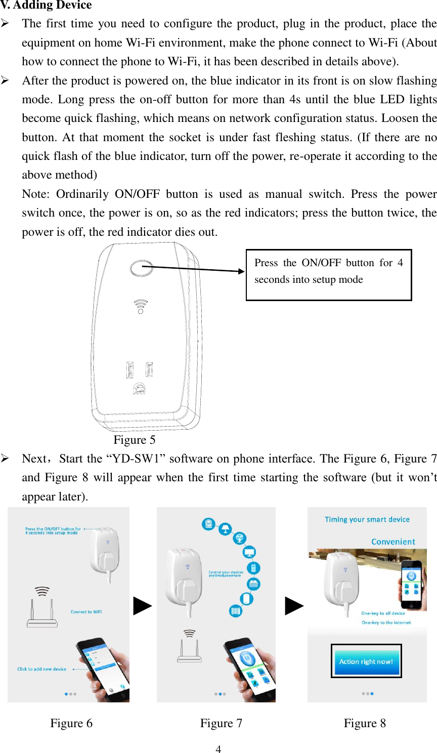   4 V. Adding Device  The first time you need to configure the product, plug in the product, place the equipment on home Wi-Fi environment, make the phone connect to Wi-Fi (About how to connect the phone to Wi-Fi, it has been described in details above).  After the product is powered on, the blue indicator in its front is on slow flashing mode. Long press the on-off button for more than 4s until the blue LED lights become quick flashing, which means on network configuration status. Loosen the button. At that moment the socket is under fast fleshing status. (If there are no quick flash of the blue indicator, turn off the power, re-operate it according to the above method) Note:  Ordinarily  ON/OFF  button  is  used  as  manual  switch.  Press  the  power switch once, the power is on, so as the red indicators; press the button twice, the power is off, the red indicator dies out.             Figure 5  Next，Start the “YD-SW1” software on phone interface. The Figure 6, Figure 7 and Figure 8 will appear when the first time starting the  software  (but  it  won’t appear later).                                         Figure 6                 Figure 7                Figure 8 Press  the  ON/OFF  button  for  4 seconds into setup mode  