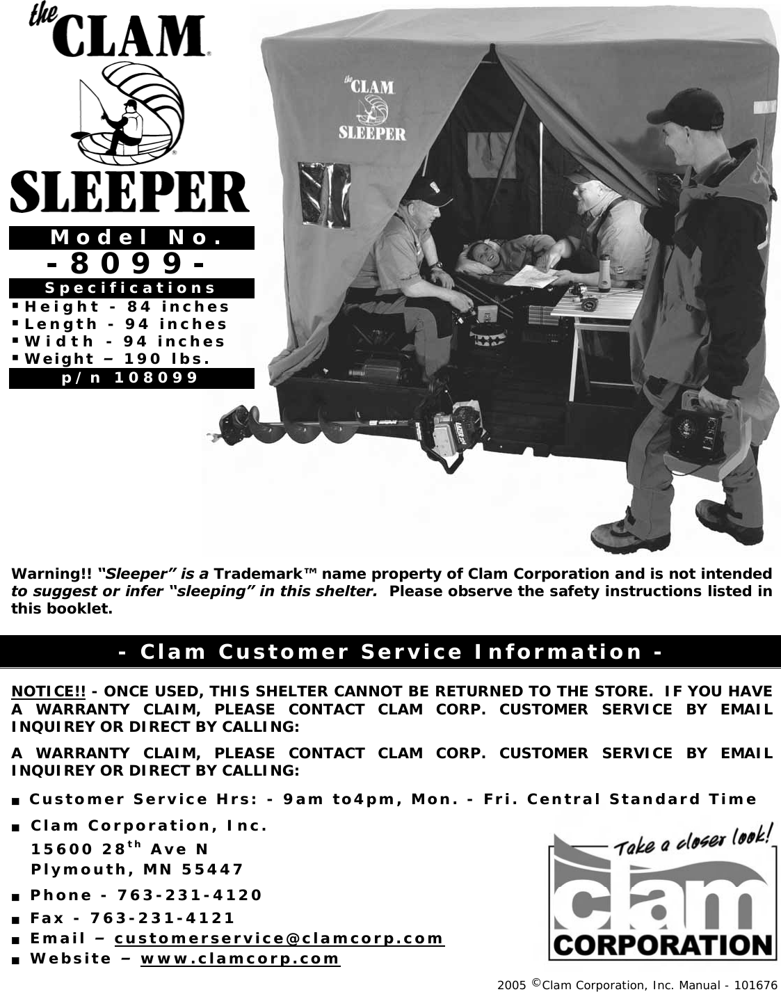 Page 1 of 12 - Clam-Corp Clam-Corp-Clam-Sleeper-8-0-9-9-Users-Manual ITEM 8200 - CLAM 2000 PORTABLE ICE SHELTER