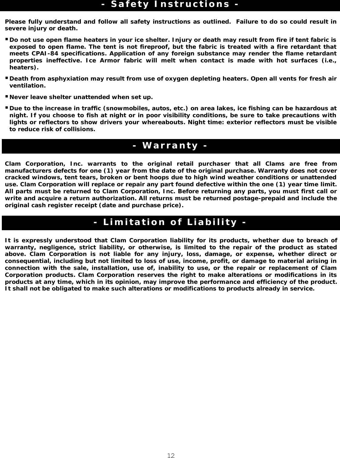Page 12 of 12 - Clam-Corp Clam-Corp-Clam-Sleeper-8-0-9-9-Users-Manual ITEM 8200 - CLAM 2000 PORTABLE ICE SHELTER