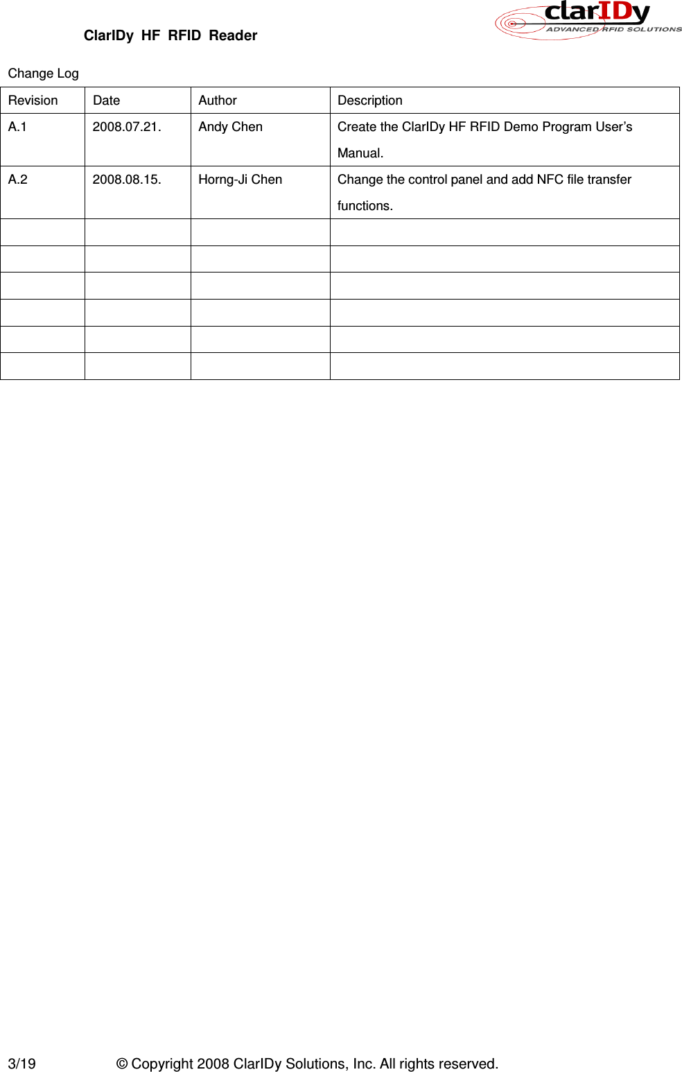 ClarIDy  HF  RFID  Reader        3/19  © Copyright 2008 ClarIDy Solutions, Inc. All rights reserved. Change Log Revision  Date  Author  Description A.1  2008.07.21.  Andy Chen  Create the ClarIDy HF RFID Demo Program User’s Manual. A.2  2008.08.15.  Horng-Ji Chen  Change the control panel and add NFC file transfer functions.                                           