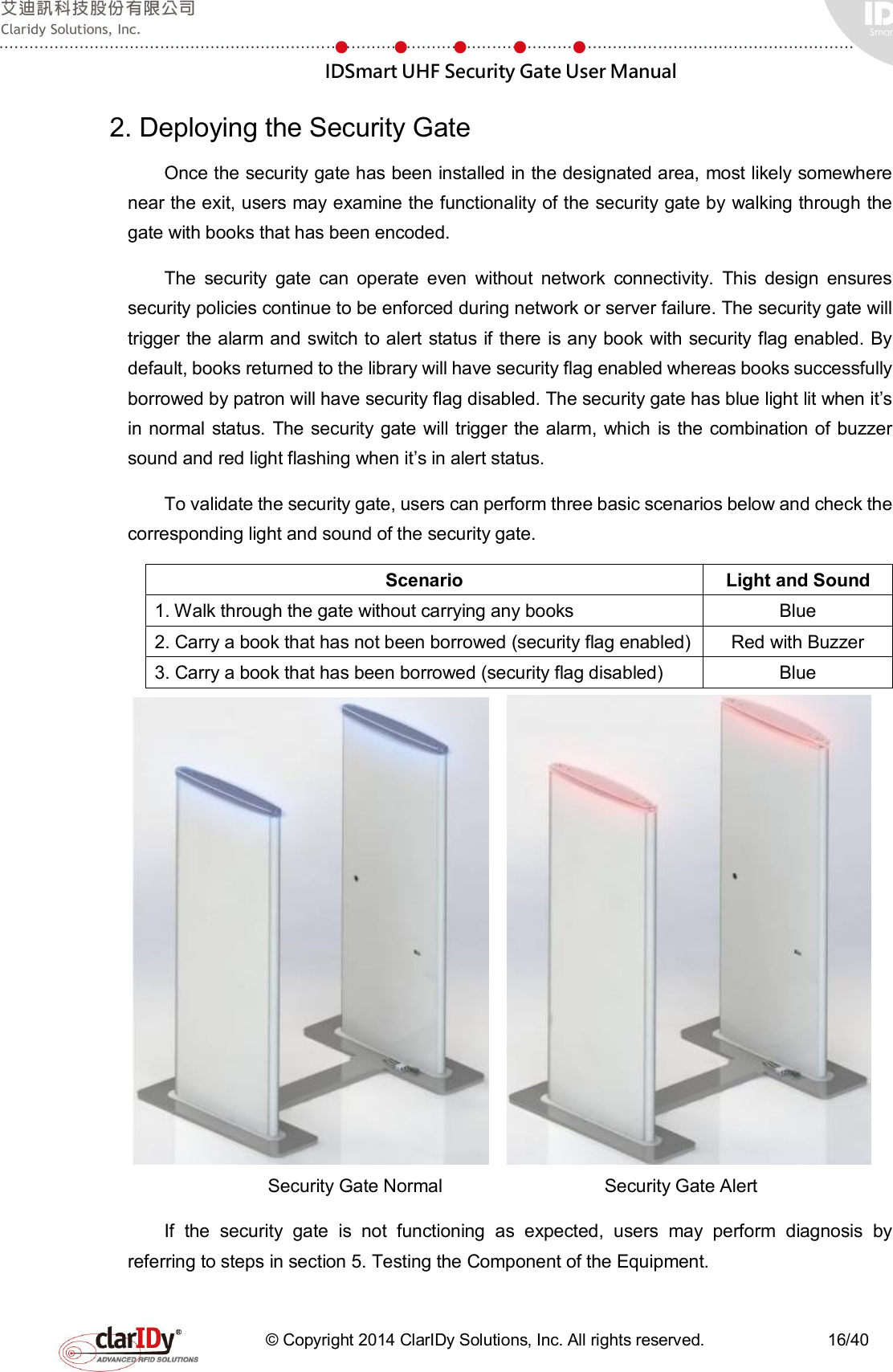  IDSmart UHF Security Gate User Manual   © Copyright 2014 ClarIDy Solutions, Inc. All rights reserved.                              16/40 2. Deploying the Security Gate Once the security gate has been installed in the designated area, most likely somewhere near the exit, users may examine the functionality of the security gate by walking through the gate with books that has been encoded. The  security  gate  can  operate  even  without  network  connectivity.  This  design  ensures security policies continue to be enforced during network or server failure. The security gate will trigger the alarm and switch to alert status if there is any book with security flag enabled. By default, books returned to the library will have security flag enabled whereas books successfully borrowed by patron will have security flag disabled. The security gate has blue light lit when it’s in normal  status. The security gate  will trigger the alarm,  which is the combination of buzzer sound and red light flashing when it’s in alert status.           To validate the security gate, users can perform three basic scenarios below and check the corresponding light and sound of the security gate. Scenario  Light and Sound 1. Walk through the gate without carrying any books  Blue 2. Carry a book that has not been borrowed (security flag enabled) Red with Buzzer 3. Carry a book that has been borrowed (security flag disabled)  Blue      Security Gate Normal                                    Security Gate Alert If  the  security  gate  is  not  functioning  as  expected,  users  may  perform  diagnosis  by referring to steps in section 5. Testing the Component of the Equipment. 