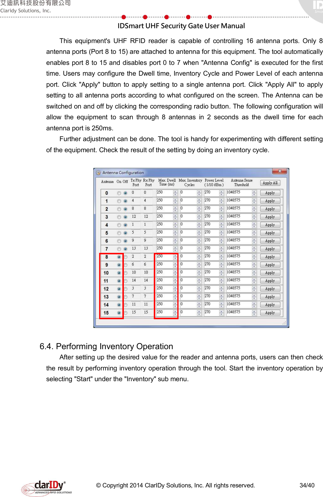  IDSmart UHF Security Gate User Manual   © Copyright 2014 ClarIDy Solutions, Inc. All rights reserved.                              34/40 This  equipment&apos;s  UHF  RFID  reader  is  capable  of  controlling  16  antenna  ports.  Only  8 antenna ports (Port 8 to 15) are attached to antenna for this equipment. The tool automatically enables port 8 to 15 and disables port 0 to 7 when &quot;Antenna Config&quot; is executed for the first time. Users may configure the Dwell time, Inventory Cycle and Power Level of each antenna port.  Click &quot;Apply&quot; button to apply setting to a  single antenna  port. Click &quot;Apply  All&quot; to apply setting to all antenna ports according to what configured on the screen. The Antenna can be switched on and off by clicking the corresponding radio button. The following configuration will allow  the  equipment  to  scan  through  8  antennas  in  2  seconds  as  the  dwell  time  for  each antenna port is 250ms.   Further adjustment can be done. The tool is handy for experimenting with different setting of the equipment. Check the result of the setting by doing an inventory cycle.    6.4. Performing Inventory Operation After setting up the desired value for the reader and antenna ports, users can then check the result by performing inventory operation through the tool. Start the inventory operation by selecting &quot;Start&quot; under the &quot;Inventory&quot; sub menu.   