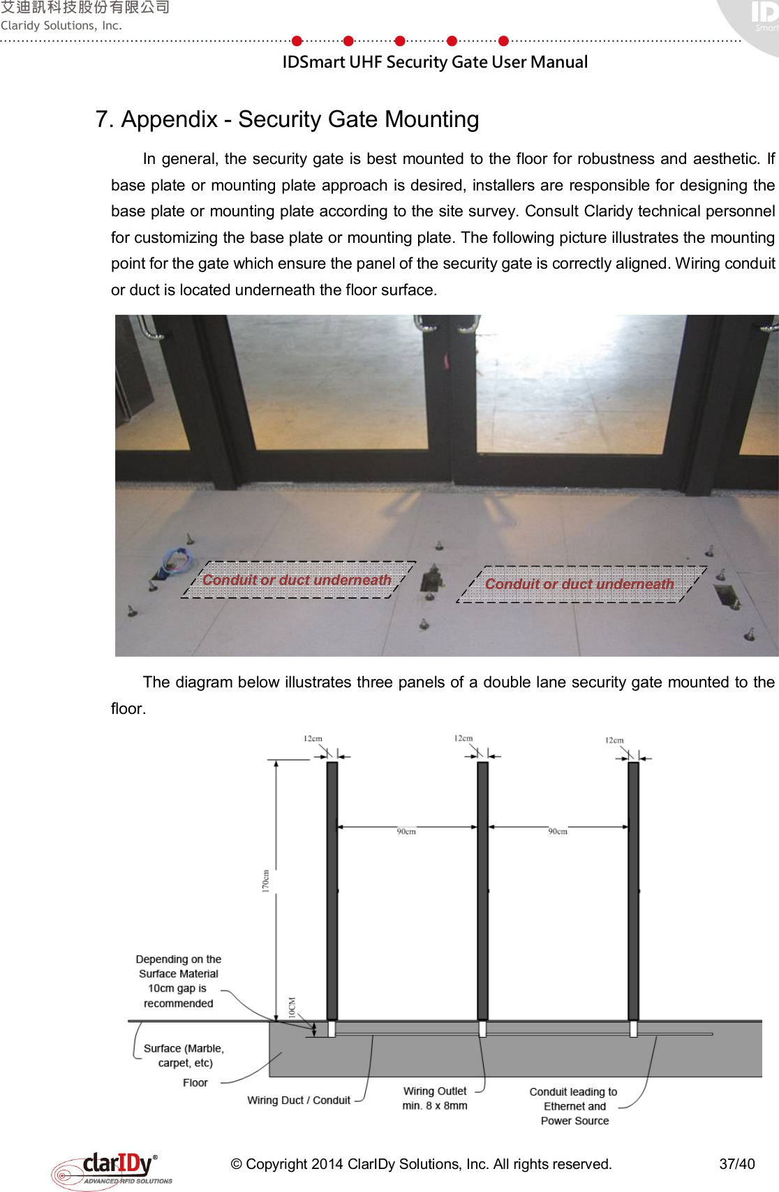  IDSmart UHF Security Gate User Manual   © Copyright 2014 ClarIDy Solutions, Inc. All rights reserved.                              37/40  7. Appendix - Security Gate Mounting In general, the security gate is best mounted to the floor for robustness and aesthetic. If base plate or mounting plate approach is desired, installers are responsible for designing the base plate or mounting plate according to the site survey. Consult Claridy technical personnel for customizing the base plate or mounting plate. The following picture illustrates the mounting point for the gate which ensure the panel of the security gate is correctly aligned. Wiring conduit or duct is located underneath the floor surface.  The diagram below illustrates three panels of a double lane security gate mounted to the floor.    Conduit or duct underneath Conduit or duct underneath 