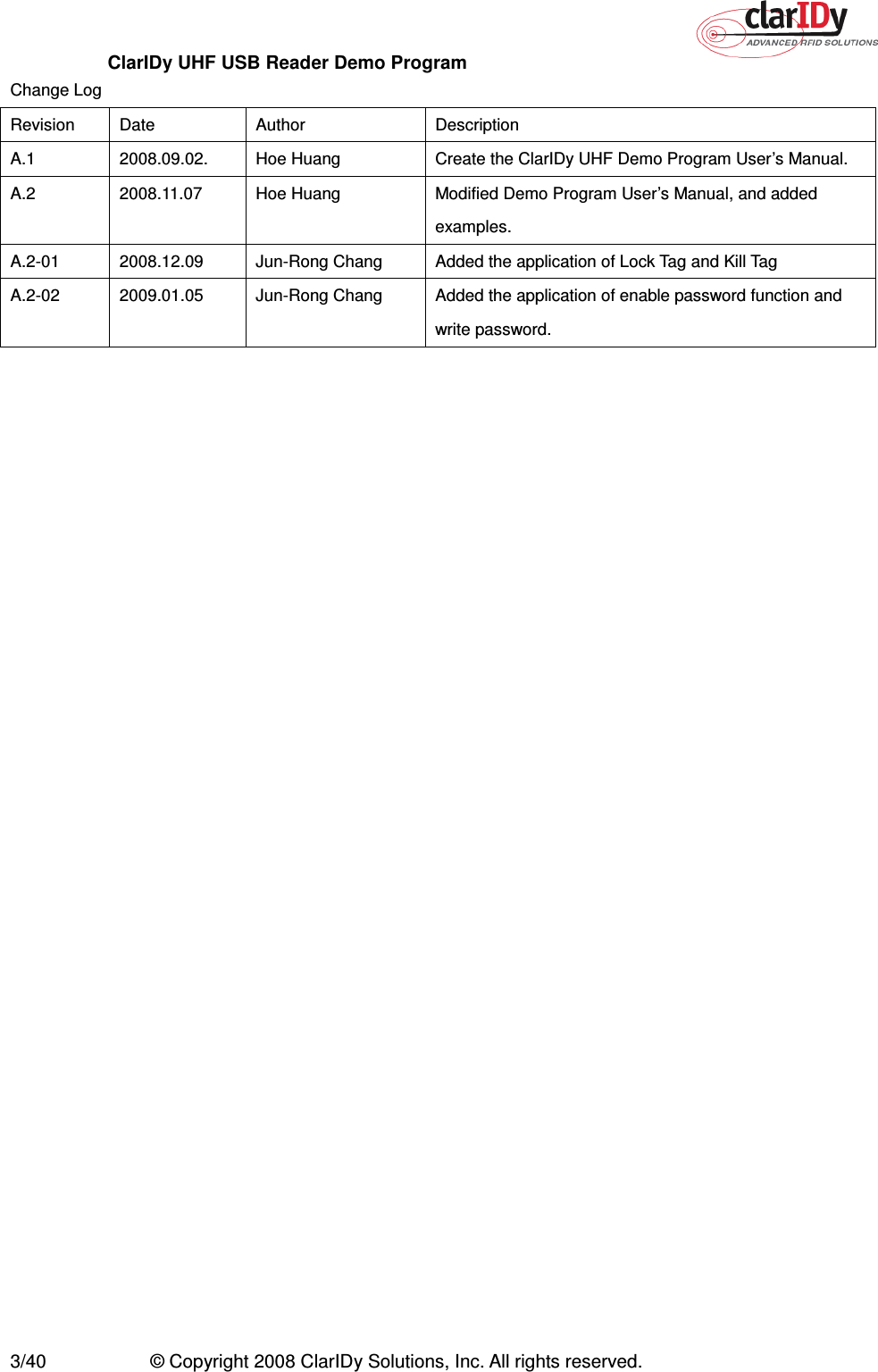 ClarIDy UHF USB Reader Demo Program     3/40  © Copyright 2008 ClarIDy Solutions, Inc. All rights reserved. Change Log Revision  Date  Author  Description A.1  2008.09.02.  Hoe Huang  Create the ClarIDy UHF Demo Program User’s Manual. A.2  2008.11.07  Hoe Huang  Modified Demo Program User’s Manual, and added examples. A.2-01  2008.12.09  Jun-Rong Chang  Added the application of Lock Tag and Kill Tag A.2-02  2009.01.05  Jun-Rong Chang  Added the application of enable password function and write password. 