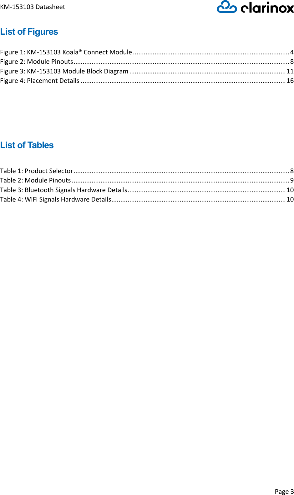 KM-153103 Datasheet Page 3  List of Figures  Figure 1: KM-153103 Koala® Connect Module ....................................................................................... 4 Figure 2: Module Pinouts ........................................................................................................................ 8 Figure 3: KM-153103 Module Block Diagram ....................................................................................... 11 Figure 4: Placement Details .................................................................................................................. 16    List of Tables  Table 1: Product Selector ........................................................................................................................ 8 Table 2: Module Pinouts ......................................................................................................................... 9 Table 3: Bluetooth Signals Hardware Details ........................................................................................ 10 Table 4: WiFi Signals Hardware Details ................................................................................................. 10     