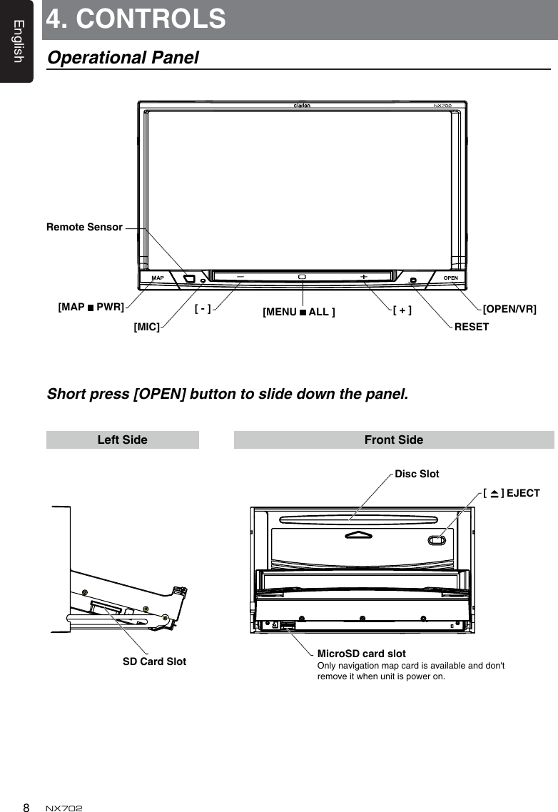 English8NX702Short press [OPEN] button to slide down the panel.LeftSide Front Side4. CONTROLSOperational PanelSD Card Slot[MENU   ALL ] [MIC][MAP   PWR]RemoteSensor[-] [ + ]DiscSlot[     ] EJECTRESET[OPEN/vR]MicroSDcardslotOnly navigation map card is available and don't removeitwhenunitispoweron.