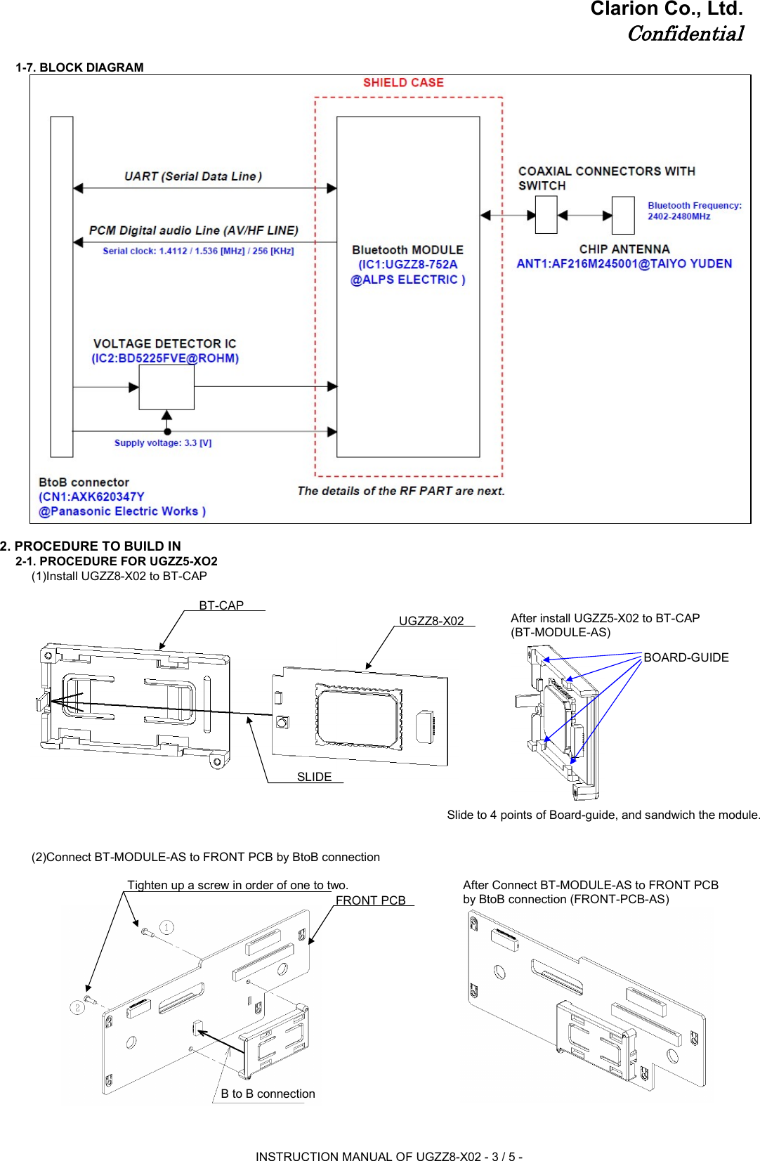 Clarion Co., Ltd.Confidential1-7. BLOCK DIAGRAM2. PROCEDURE TO BUILD IN2-1. PROCEDURE FOR UGZZ5-XO2(1)Install UGZZ8-X02 to BT-CAPAfter install UGZZ5-X02 to BT-CAP(BT-MODULE-AS)Slide to 4 points of Board-guide, and sandwich the module.(2)Connect BT-MODULE-AS to FRONT PCB by BtoB connectionTighten up a screw in order of one to two. After Connect BT-MODULE-AS to FRONT PCB by BtoB connection (FRONT-PCB-AS)SLIDEUGZZ8-X02BT-CAPFRONT PCBB to B connectionBOARD-GUIDEINSTRUCTION MANUAL OF UGZZ8-X02 - 3 / 5 -