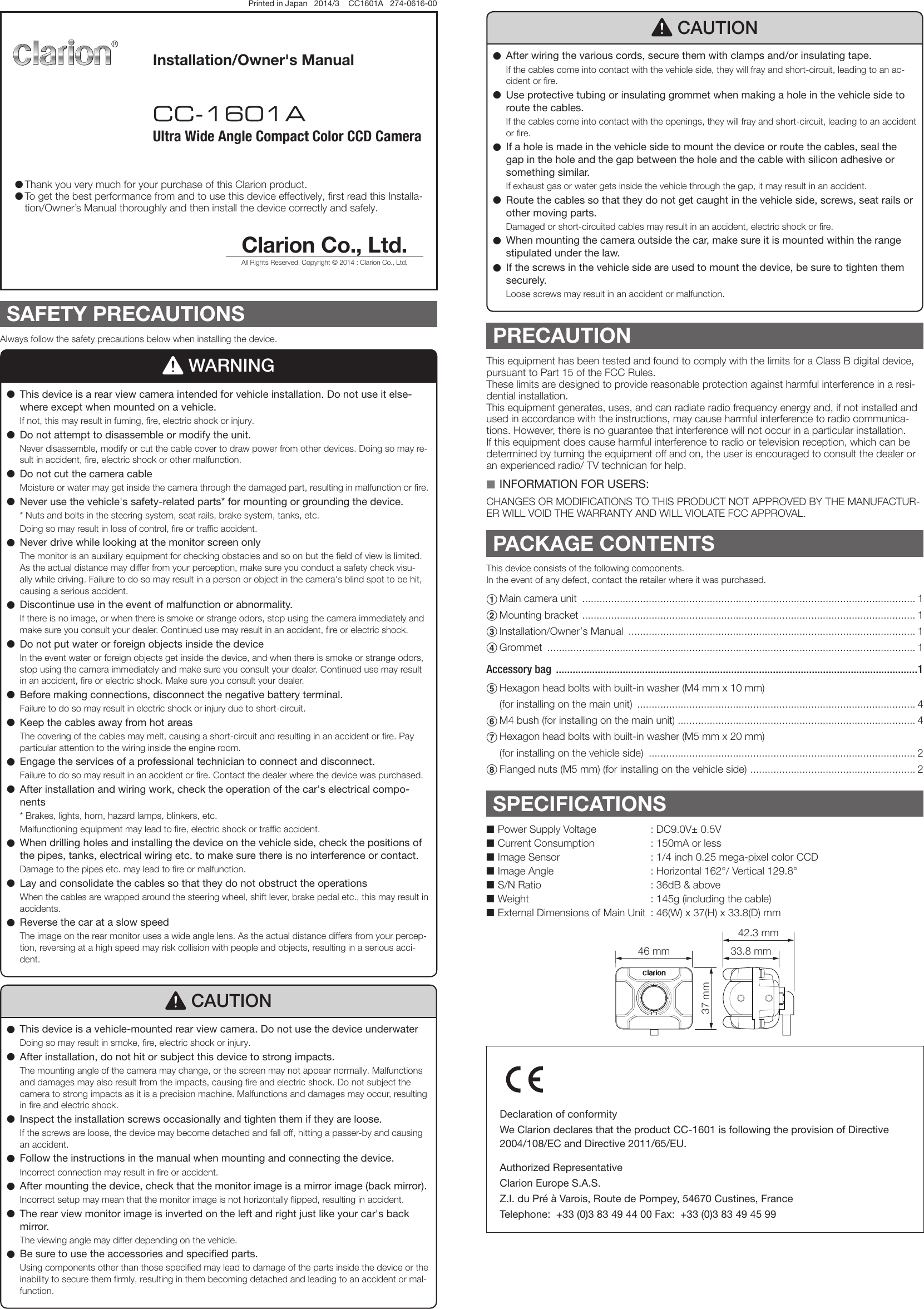 Page 1 of 2 - Clarion 274-0616-00_CC-1601A-A_CC1601AA CC1601A EN