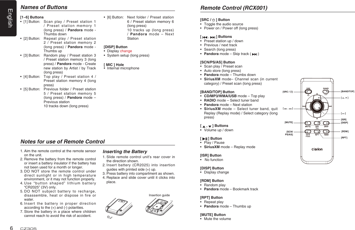 English6CZ305Names of ButtonsNotes for use of Remote ControlInserting the Battery1.  Slide remote control unit’s  rear cover in the direction shown.2.  Insert  battery  (CR2025) into  insertion guides with printed side (+) up.3.  Press battery into compartment as shown.4.  Replace and  slide cover until it clicks into place.1.  Aim the remote control at the remote sensor on the unit.2.  Remove the battery from the remote control or insert a battery insulator if the battery has not been used for a month or longer.3.  DO NOT  store the remote control  under direct sunlight or in  high temperature environment, or it may not function properly.4.  Use “button shaped”  lithium  battery “CR2025” (3V) only.5.  DO NOT subject battery to recharge, disassemble, heat or dispose in  fire or water.6.  Insert the  battery  in proper direction according to the (+) and (-) polarities.7.  Store the battery in  a  place where children cannot reach to avoid the risk of accident.Insertion guide[1~6] Buttons •  [1] Button:   Scan  play  /  Preset  station  1 / Preset station memory  1 (long press) / Pandora  mode - Thumbs down •  [2] Button:   Repeat  play  /  Preset  station 2 / Preset station  memory 2 (long press) / Pandora  mode - Thumbs up  •  [3] Button:   Random play /  Preset station  3 / Preset station memory 3 (long press) / Pandora mode - Create new station by Artist  / by Track (long press) •  [4] Button:   Top  play  / Preset  station  4  / Preset station memory 4  (long press) •  [5] Button:   Previous  folder / Preset station 5 / Preset station  memory 5 (long press) / Pandora  mode –Previous station         10 tracks down (long press)  •  [6] Button:   Next  folder / Preset station 6 / Preset station  memory  6 (long press)         10  tracks up (long  press) /  Pa ndo ra  m ode   –  Ne xt Station[DISP] Button•  Display change •  System setup (long press)[ MIC ] Hole•  Internal microphoneRemote Control (RCX001)[SRC /   ] Button•  Toggle the audio source•   Power on / Power off (long press)[  ,   ] Buttons•  Preset station up / down•  Previous / next track•   Search (long press)•   Pandora mode – Skip track (  )[SCN/PS/AS] Button•   Scan play / Preset scan•   Auto store (long press)•   Pandora mode – Thumbs down•   SiriusXM mode–  Channel scan (in current category) / Preset scan (long press)[BAND/TOP] Button•   CD/MP3/WMA/USB mode – Top play•   RADIO mode – Select tuner band•   Pandora mode – Next station•   SiriusXM  mode  – Select tuner band,  quit Replay (Replay mode) / Select category (long press)[   ,   ] Buttons•  Volume up / down[   ] Button•  Play / Pause•  SiriusXM mode – Replay mode[ISR] Button•   No function[DISP] Button•  Display change[RDM] Button•  Random play•   Pandora mode – Bookmark track[RPT] Button•  Repeat play•  Pandora mode – Thumbs up[MUTE] Button•  Mute the volume[    ,    ][     ][DISP][ISR][RDM][RPT][      ,      ][MUTE][SCN/PS/AS][SRC /  ] [BAND/TOP]