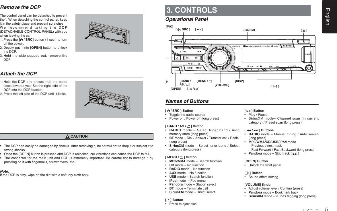 English5CZ505Remove the DCPThe control panel can be detached to prevent theft. When detaching the control panel, keep it in the safety place and prevent scratches.We recommend taking the DCP (DETACHABLE CONTROL PANEL) with you when leaving the car.1.  Press the [ / SRC] button (1 sec.) to turn off the power.2.  Deeply push into [OPEN] button to unlock the DCP.3.  Hold the side popped out, remove the DCP.Attach the DCP1.  Hold the DCP and ensure that the panel faces towards you. Set the right side of the DCP into the DCP bracket. 2. Press the left side of the DCP until it locks.CAUTION•  The DCP can easily be damaged by shocks. After removing it, be careful not to drop it or subject it to strong shocks.•  Once the [OPEN] button is pressed and DCP is unlocked, car vibrations can cause the DCP to fall.•  The connector for the main unit and DCP is extremely important. Be careful not to damage it by pressing on it with ﬁ ngernails, screwdrivers, etc.Note:If the DCP is dirty, wipe off the dirt with a soft, dry cloth only.3. CONTROLSOperational Panel[   / SRC ] Button•  Toggle the audio source•  Power on / Power off (long press)[ BAND / AS /  ] Button•  RADIO mode – Select tuner band / Auto memory store (long press)•  BT mode – Dial / Answer / Transfer call / Redial (long press)•  SiriusXM mode – Select tuner band / Select category (long press)[ MENU /   ] Button•  MP3/WMA mode – Search function•  CD mode – No function•  RADIO mode – No function•  AUX mode – No function•  USB mode – Search function•  iPod mode – iPod menu•  Pandora mode – Station select•  BT mode – Terminate call•  SiriusXM mode – Direct select [   ] Button•   Press to eject disc[   ] Button•   Play / Pause•  SiriusXM mode– Channel scan (in current category) / Preset scan (long press)[   /   ] Buttons•   RADIO mode – Manual tuning / Auto search (long press)•   MP3/WMA/CD/USB/iPod mode  – Previous / next track   – Fast Forward / Fast Backward (long press)•   Pandora mode – Skip track (   )[OPEN] Button•  Unlock the front panel[   ] Button•  Sound effect setting[VOLUME] Knob •   Adjust volume level / Conﬁ rm (press) •    Pandora mode – Bookmark track •    SiriusXM mode – iTunes tagging (long press)Names of Buttons[DISP] [MENU /  ] [BAND / AS /  ] [OPEN] [VOLUME]  [ 1~6 ] Disc Slot [   ][   / SRC ] [   ][   /   ][MIC]