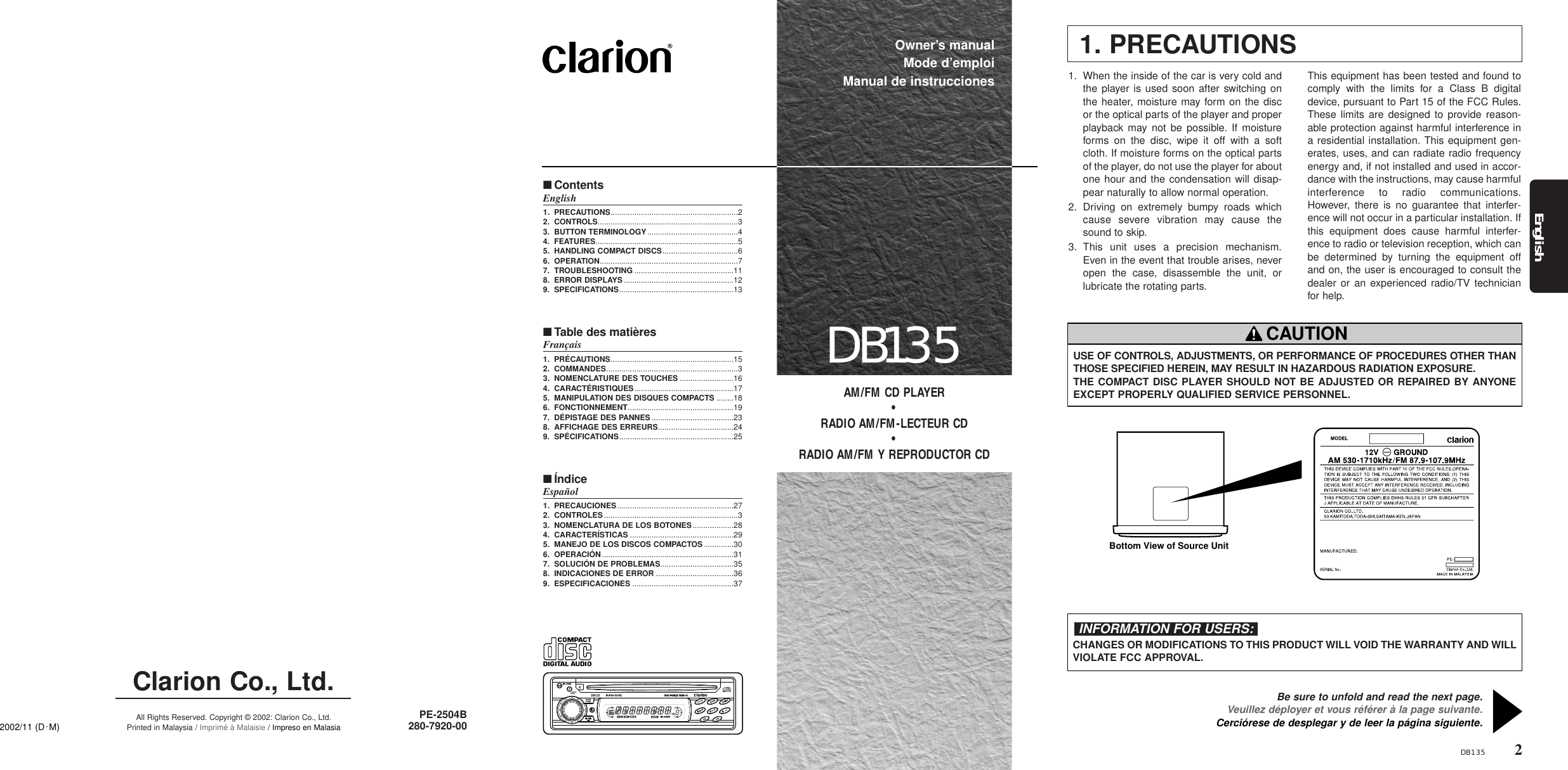 Page 1 of 12 - Clarion Clarion-Db135-Users-Manual- 280-7920-00_Cover  Clarion-db135-users-manual