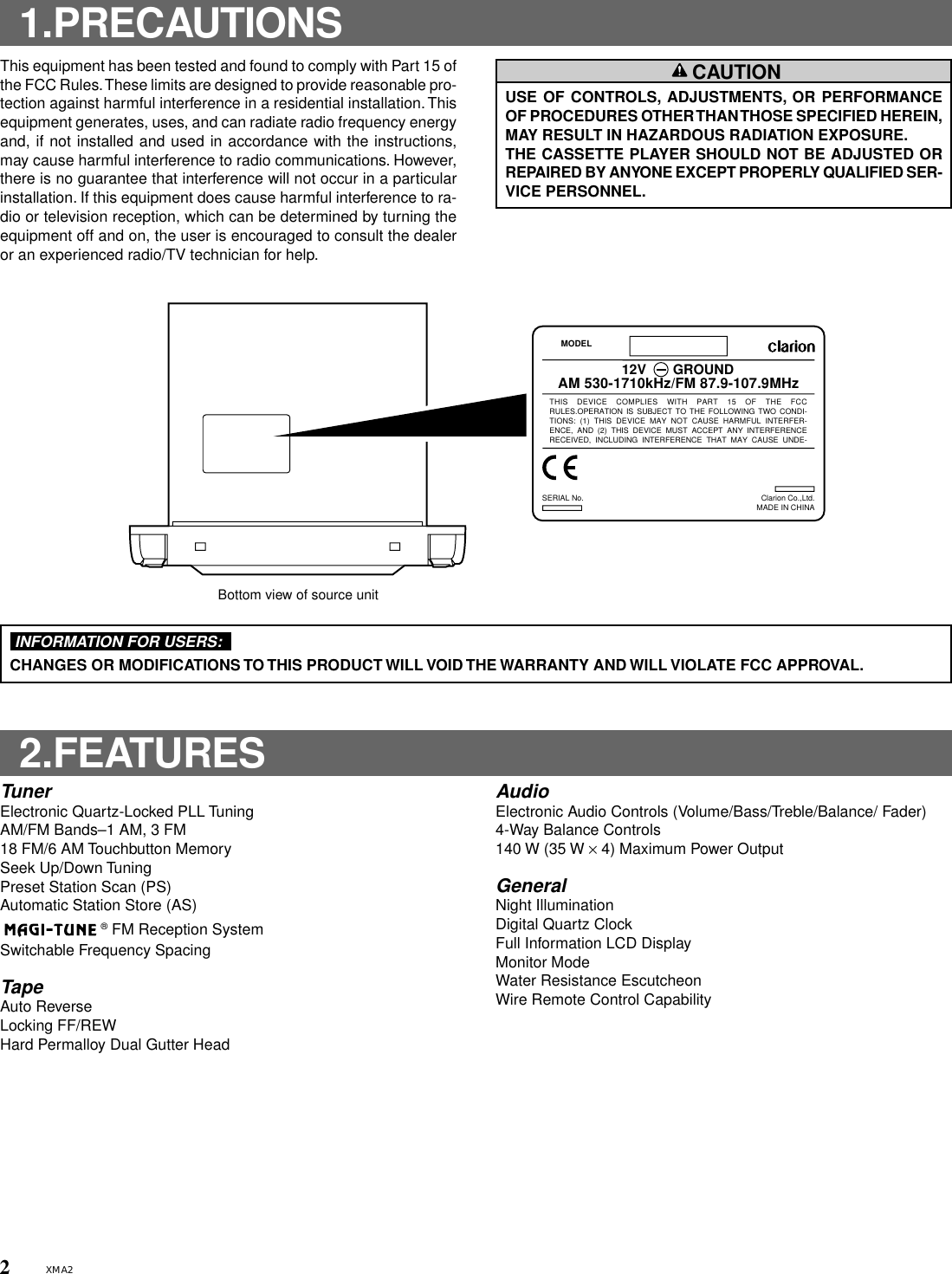 Page 2 of 12 - Clarion Clarion-Xma2-Users-Manual-  Clarion-xma2-users-manual