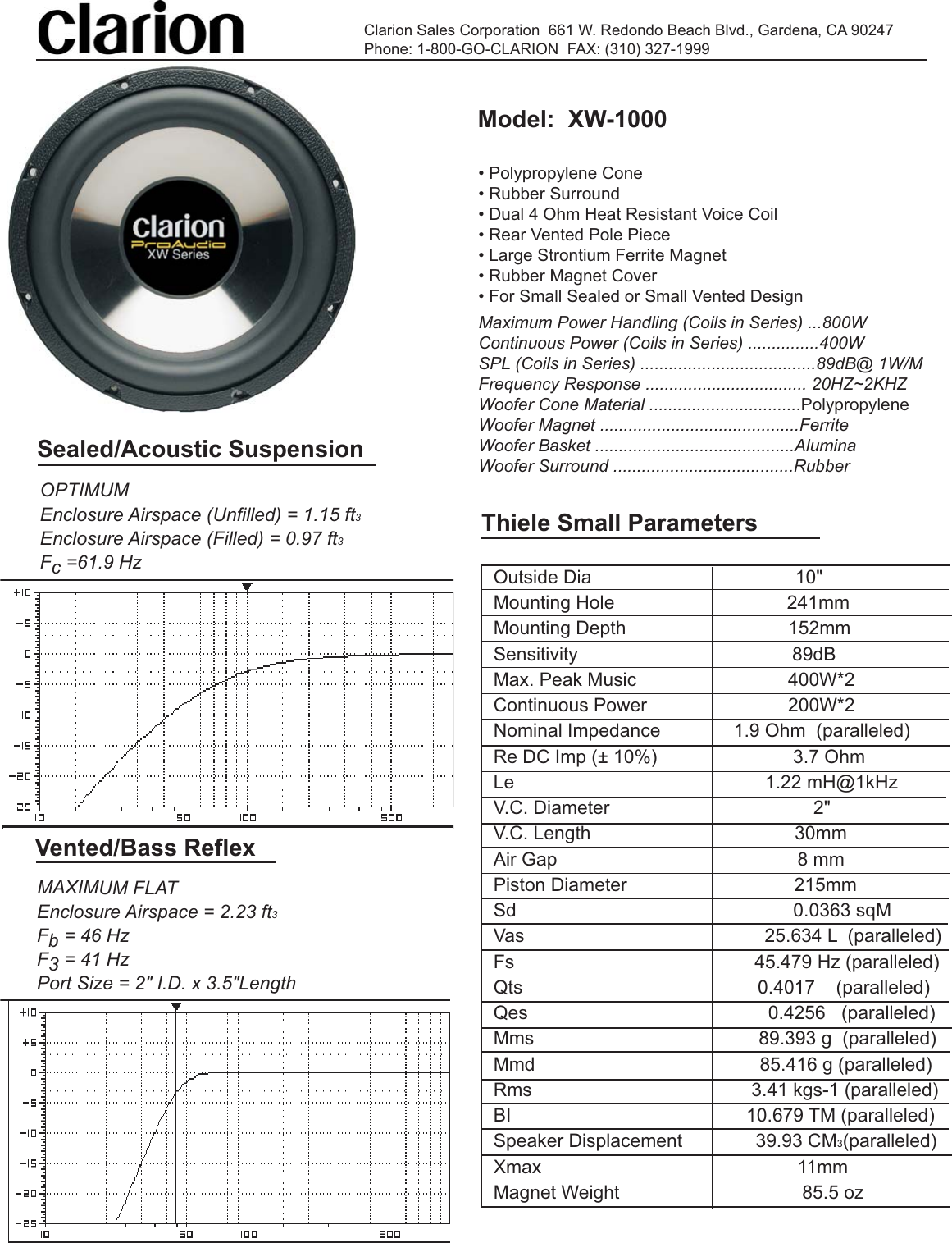 Page 1 of 1 - Clarion Clarion-Xw-1000-Users-Manual- XW Subwoofer Spec Sheet (xw-1000)  Clarion-xw-1000-users-manual