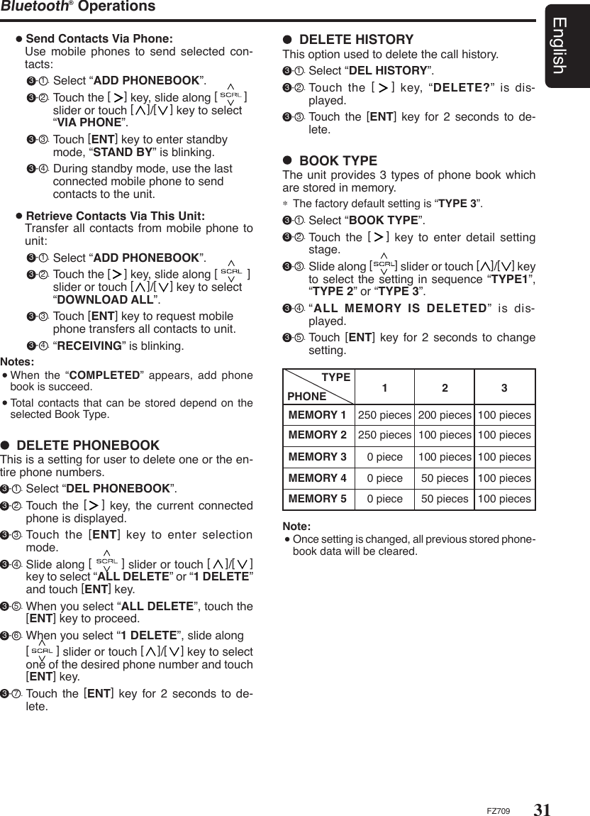 31EnglishFZ709Bluetooth® OperationsRetrieve Contacts Via This Unit:  Transfer all contacts from mobile phone to unit:   3 - 1 . Select “ADD PHONEBOOK”.   3 - 2 . Touch the [    ] key, slide along [         ]    slider or touch [    ]/[    ] key to select    “DOWNLOAD ALL”.   3 - 3 . Touch [ENT] key to request mobile    phone transfers all contacts to unit.    3 - 4 . “RECEIVING” is blinking.Notes:  When  the  “COMPLETED”  appears,  add  phone book is succeed.  Total contacts that can be stored depend on the selected Book Type.Send Contacts Via Phone:  Use mobile phones to send selected con-tacts:   3 - 1 . Select “ADD PHONEBOOK”.   3 - 2 . Touch the [    ] key, slide along [        ]    slider or touch [    ]/[    ] key to select    “VIA PHONE”.   3 - 3 . Touch [ENT] key to enter standby    mode, “STAND BY” is blinking.   3 - 4 . During standby mode, use the last    connected mobile phone to send    contacts to the unit.  DELETE PHONEBOOKThis is a setting for user to delete one or the en-tire phone numbers. 3 - 1 . Select “DEL PHONEBOOK”. 3 - 2 . Touch the [     ]  key, the current connected phone is displayed. 3 - 3 . Touch  the  [ENT]  key  to  enter  selection mode. 3 - 4 . Slide along [        ] slider or touch [    ]/[    ] key to select “ALL DELETE” or “1 DELETE” and touch [ENT] key. 3 - 5 . When you select “ALL DELETE”, touch the [ENT] key to proceed. 3 - 6 . When you select “1 DELETE”, slide along  [        ] slider or touch [    ]/[    ] key to select one of the desired phone number and touch [ENT] key. 3 - 7 . Touch  the  [ENT]  key  for 2 seconds to de-lete.  DELETE HISTORYThis option used to delete the call history. 3 - 1 . Select “DEL HISTORY”. 3 - 2 . Touch the [   ]  key,  “DELETE?” is dis-played. 3 - 3 . Touch  the  [ENT]  key  for 2 seconds to de-lete.  BOOK TYPEThe unit provides 3 types of phone book which are stored in memory.∗  The factory default setting is “TYPE 3”. 3 - 1 . Select “BOOK TYPE”. 3 - 2 . Touch  the  [   ]  key  to  enter  detail  setting stage. 3 - 3 . Slide along [        ] slider or touch [    ]/[    ] key to select the setting in sequence “TYPE1”, “TYPE 2” or “TYPE 3”. 3 - 4 . “ALL MEMORY IS DELETED”  is  dis-played. 3 - 5 . Touch [ENT] key  for  2  seconds to change setting.TYPEPHONEMEMORY 1MEMORY 2MEMORY 3MEMORY 4MEMORY 51 2 3250 pieces 200 pieces 100 pieces250 pieces 100 pieces 100 pieces0 piece 100 pieces 100 pieces0 piece 50 pieces 100 pieces0 piece 50 pieces 100 piecesNote:  Once setting is changed, all previous stored phone-book data will be cleared.