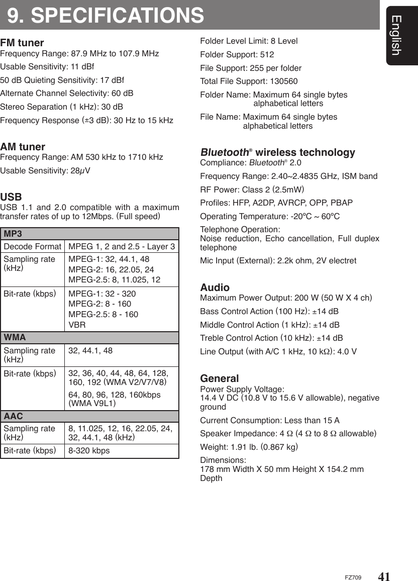 41EnglishFZ709FM tunerFrequency Range: 87.9 MHz to 107.9 MHzUsable Sensitivity: 11 dBf50 dB Quieting Sensitivity: 17 dBfAlternate Channel Selectivity: 60 dBStereo Separation (1 kHz): 30 dBFrequency Response (±3 dB): 30 Hz to 15 kHz9. SPECIFICATIONSAM tunerFrequency Range: AM 530 kHz to 1710 kHzUsable Sensitivity: 28µVAudioMaximum Power Output: 200 W (50 W X 4 ch)Bass Control Action (100 Hz): ±14 dBMiddle Control Action (1 kHz): ±14 dBTreble Control Action (10 kHz): ±14 dBLine Output (with A/C 1 kHz, 10 kΩ): 4.0 VGeneralPower Supply Voltage:      14.4 V DC (10.8 V to 15.6 V allowable), negative groundCurrent Consumption: Less than 15 ASpeaker Impedance: 4 Ω (4 Ω to 8 Ω allowable)Weight: 1.91 lb. (0.867 kg)Dimensions:        178 mm Width X 50 mm Height X 154.2 mm DepthUSBUSB 1.1 and 2.0 compatible with a maximum transfer rates of up to 12Mbps. (Full speed)Decode FormatMP3MPEG 1, 2 and 2.5 - Layer 3WMA32, 44.1, 48Sampling rate (kHz)MPEG-1: 32, 44.1, 48MPEG-2: 16, 22.05, 24MPEG-2.5: 8, 11.025, 12Sampling rate (kHz)Bit-rate (kbps)MPEG-1: 32 - 320 MPEG-2: 8 - 160MPEG-2.5: 8 - 160VBR32, 36, 40, 44, 48, 64, 128, 160, 192 (WMA V2/V7/V8)64, 80, 96, 128, 160kbps (WMA V9L1)Bit-rate (kbps)AAC8, 11.025, 12, 16, 22.05, 24, 32, 44.1, 48 (kHz)Sampling rate (kHz)Bit-rate (kbps)8-320 kbpsFolder Level Limit: 8 LevelFolder Support: 512File Support: 255 per folderTotal File Support: 130560Folder Name: Maximum 64 single bytes        alphabetical lettersFile Name: Maximum 64 single bytes      alphabetical lettersBluetooth® wireless technologyCompliance: Bluetooth® 2.0 Frequency Range: 2.40~2.4835 GHz, ISM bandRF Power: Class 2 (2.5mW) Proﬁles: HFP, A2DP, AVRCP, OPP, PBAPOperating Temperature: -20ºC ~ 60ºCTelephone Operation:      Noise reduction, Echo cancellation, Full duplex telephoneMic Input (External): 2.2k ohm, 2V electret