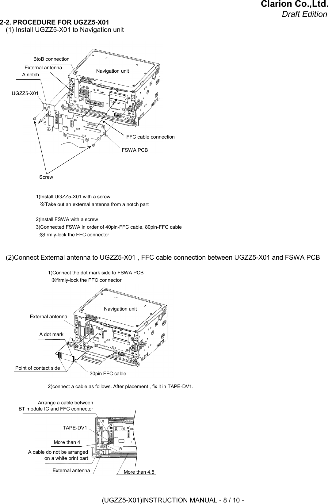 Clarion Co.,Ltd.Draft Edition2-2. PROCEDURE FOR UGZZ5-X01(1) Install UGZZ5-X01 to Navigation unit1)Install UGZZ5-X01 with a screw   ※Take out an external antenna from a notch part2)Install FSWA with a screw3)Connected FSWA in order of 40pin-FFC cable, 80pin-FFC cable　※firmly-lock the FFC connector(2)Connect External antenna to UGZZ5-X01 , FFC cable connection between UGZZ5-X01 and FSWA PCB1)Connect the dot mark side to FSWA PCB　※firmly-lock the ＦＦＣ connector2)connect a cable as follows. After placement , fix it in TAPE-DV1.BtoB connectionExternal antennaA notchUGZZ5-X01FSWA PCBNavigation unitFFC cable connectionScrewNavigation unitExternal antennaA dot markPoint of contact side 30pin FFC cableArrange a cable between BT module IC and FFC connectorTAPE-DV1More than 4More than 4.5External antennaA cable do not be arranged on a white print part(UGZZ5-X01)INSTRUCTION MANUAL - 8 / 10 -