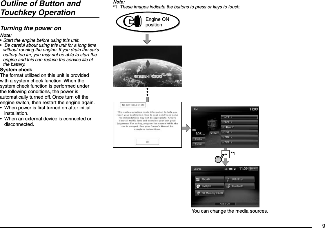 9Outline of Button and Touchkey OperationTurning the power onNote:Start the engine before using this unit. Be careful about using this unit for a long time without running the engine. If you drain the car’s battery too far, you may not be able to start the engine and this can reduce the service life of the battery.System checkThe format utilized on this unit is provided with a system check function. When the system check function is performed under the following conditions, the power is automatically turned off. Once turn off the engine switch, then restart the engine again.When power is first turned on after initial installation.When an external device is connected or disconnected.••••Note:*1  These images indicate the buttons to press or keys to touch.Engine ON position*1You can change the media sources.