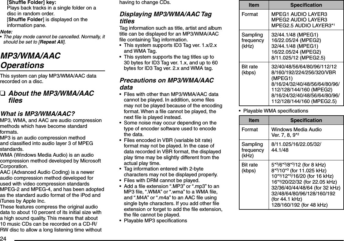 24[Shuffle Folder] key:Plays back tracks in a single folder on a disc in random order. [Shuffle Folder] is displayed on the information pane.Note:The play mode cannot be cancelled. Normally, it should be set to [Repeat All].MP3/WMA/AAC OperationsThis system can play MP3/WMA/AAC data recorded on a disc.About the MP3/WMA/AAC filesWhat is MP3/WMA/AAC?MP3, WMA, and AAC are audio compression methods which have become standard formats.MP3 is an audio compression method and classified into audio layer 3 of MPEG standards.WMA (Windows Media Audio) is an audio compression method developed by Microsoft Corporation.AAC (Advanced Audio Coding) is a newer audio compression method developed for used with video compression standards MPEG-2 and MPEG-4, and has been adopted as the standard audio format of the iPod and iTunes by Apple Inc.These features compress the original audio data to about 10 percent of its initial size with a high sound quality. This means that about 10 music CDs can be recorded on a CD-R/RW disc to allow a long listening time without •qhaving to change CDs.Displaying MP3/WMA/AAC Tag titlesTag information such as title, artist and album title can be displayed for an MP3/WMA/AAC file containing Tag information.This system supports ID3 Tag ver. 1.x/2.x and WMA Tag.This system supports the tag titles up to 30 bytes for ID3 Tag ver. 1.x, and up to 60 bytes for ID3 Tag ver. 2.x and WMA tag.Precautions on MP3/WMA/AAC dataFiles with other than MP3/WMA/AAC data cannot be played. In addition, some files may not be played because of the encoding format. When a file cannot be played, the next file is played instead.Some noise may occur depending on the type of encoder software used to encode the data.Files encoded in VBR (variable bit rate) format may not be played. In the case of data recorded in VBR format, the displayed play time may be slightly different from the actual play time.Tag information entered with 2-byte characters may not be displayed properly.Files with DRM cannot be played.Add a file extension “.MP3” or “.mp3” to an MP3 file, “.WMA” or “.wma” to a WMA file, and “.M4A” or “.m4a” to an AAC file using single byte characters. If you add other file extension or forget to add the file extension, the file cannot be played.Playable MP3 specifications•••••••••Item SpecificationFormat MPEG1 AUDIO LAYER3MPEG2 AUDIO LAYER3MPEG2.5 AUDIO LAYER3*1Sampling frequency (kHz)32/44.1/48 (MPEG1)16/22.05/24 (MPEG2)32/44.1/48 (MPEG1)16/22.05/24 (MPEG2)8/11.025/12 (MPEG2.5)Bit rate (kbps)32/40/48/56/64/80/96/112/128/160/192/224/256/320/VBR (MPEG1)8/16/24/32/40/48/56/64/80/96/112/128/144/160 (MPEG2)8/16/24/32/40/48/56/64/80/96/112/128/144/160 (MPEG2.5)Playable WMA specificationsItem SpecificationFormat Windows Media AudioVer. 7, 8, 9*2Sampling frequency (kHz)8/11.025/16/22.05/32/44.1/48Bit rate (kbps)5*3/6*3/8*3/12 (for 8 kHz)8*3/10*3 (for 11.025 kHz)10*3/12*3/16/20 (for 16 kHz)16*3/20/22/32 (for 22.05 kHz)32/36/40/44/48/64 (for 32 kHz)32/48/64/80/96/128/160/192 (for 44.1 kHz)128/160/192 (for 48 kHz)•