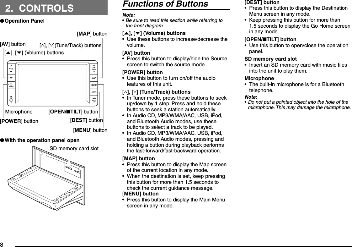 82. CONTROLSOperation Panel[{], [}] (Volume) buttons[AV] button[POWER] buttonMicrophone[∧], [∨](Tune/Track) buttons[MAP] button[MENU] button[DEST] button[OPEN/nTILT] buttonWith the operation panel openSD memory card slotllFunctions of ButtonsNote:Be sure to read this section while referring to the front diagram.[{], [}] (Volume) buttonsUse these buttons to increase/decrease the volume.[AV] buttonPress this button to display/hide the Source screen to switch the source mode.[POWER] buttonUse this button to turn on/off the audio features of this unit.[∧], [∨] (Tune/Track) buttonsIn Tuner mode, press these buttons to seek up/down by 1 step. Press and hold these buttons to seek a station automatically.In Audio CD, MP3/WMA/AAC, USB, iPod, and Bluetooth Audio modes, use these buttons to select a track to be played.In Audio CD, MP3/WMA/AAC, USB, iPod, and Bluetooth Audio modes, pressing and holding a button during playback performs the fast-forward/fast-backward operation.[MAP] buttonPress this button to display the Map screen of the current location in any mode. When the destination is set, keep pressing this button for more than 1.5 seconds to check the current guidance message.[MENU] buttonPress this button to display the Main Menu screen in any mode.••••••••••[DEST] buttonPress this button to display the Destination Menu screen in any mode.Keep pressing this button for more than 1.5 seconds to display the Go Home screen in any mode.[OPEN/nTILT] buttonUse this button to open/close the operation panel.SD memory card slotInsert an SD memory card with music files into the unit to play them.MicrophoneThe built-in microphone is for a Bluetooth telephone.Note:Do not put a pointed object into the hole of the microphone. This may damage the microphone.••••••