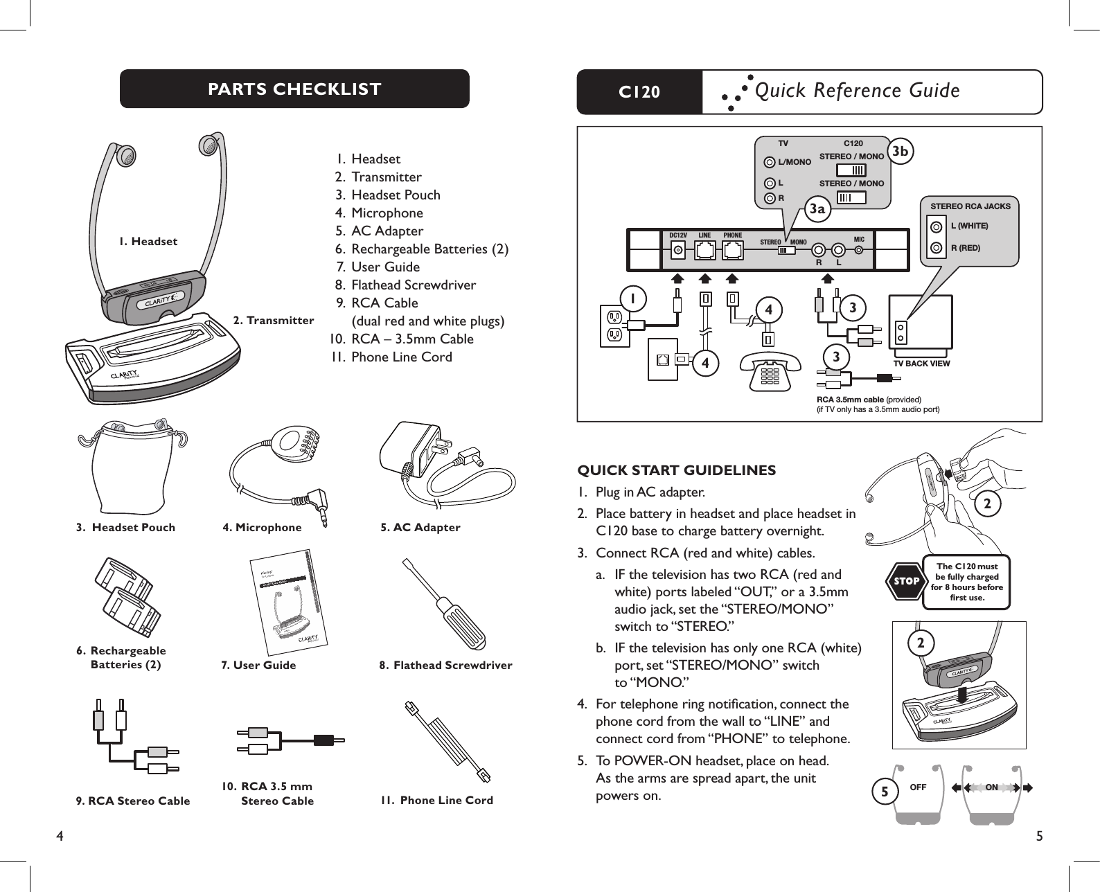 4 5C120 Quick Reference GuidePARTS CHECKLIST5. AC Adapter4. Microphone6.  Rechargeable    Batteries (2) 7. User Guide2. Transmitter1. Headset9. RCA Stereo Cable10.  RCA 3.5 mm      Stereo Cable8.  Flathead Screwdriver  1. Headset   2. Transmitter   3. Headset Pouch   4. Microphone   5. AC Adapter     6.  Rechargeable Batteries (2)   7.  User Guide   8. Flathead Screwdriver   9. RCA Cable     (dual red and white plugs)  10. RCA – 3.5mm Cable  11.  Phone Line Cord    11.  Phone Line Cord3.  Headset PouchQUICK START GUIDELINES 1.  Plug in AC adapter.2.  Place battery in headset and place headset in    C120 base to charge battery overnight.3.  Connect RCA (red and white) cables.  a.   IF the television has two RCA (red and      white) ports labeled “OUT,” or a 3.5mm      audio jack, set the “STEREO/MONO”      switch to “STEREO.”    b.   IF the television has only one RCA (white)      port, set “STEREO/MONO” switch      to “MONO.”4.  For telephone ring notiﬁcation, connect the    phone cord from the wall to “LINE” and    connect cord from “PHONE” to telephone.5.  To POWER-ON headset, place on head.     As the arms are spread apart, the unit     powers on.The C120 must  be fully charged  for 8 hours before  ﬁrst use.STOP22OFFONOFFON5LR L (WHITE) R (RED) STEREO RCA JACKS TV BACK VIEWRCA 3.5mm cable (provided) (if TV only has a 3.5mm audio port) STEREO / MONO STEREO / MONO L/MONO TV  C120 L RDC12V LINE PHONESTEREO MONO MIC133b3a443