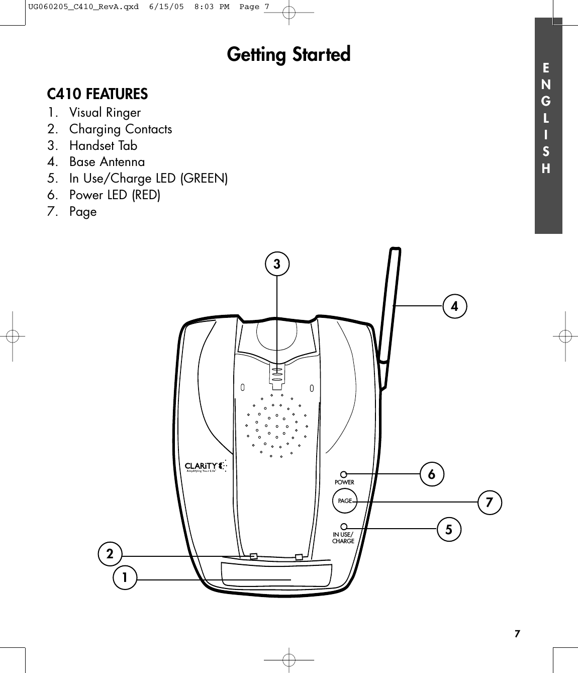 ENGLISH7ENGLISHC410 FEATURES1. Visual Ringer2. Charging Contacts3. Handset Tab4. Base Antenna5. In Use/Charge LED (GREEN)6. Power LED (RED)7. PageGetting StartedPOWERPAGEIN USE/CHARGE1234567UG060205_C410_RevA.qxd  6/15/05  8:03 PM  Page 7