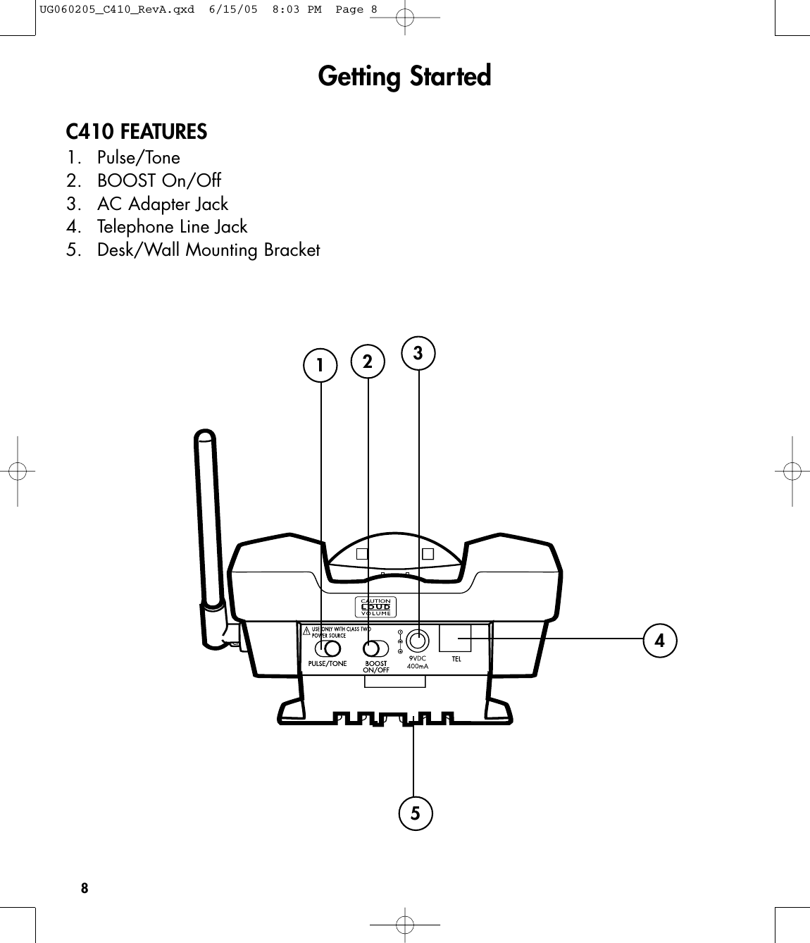 8C410 FEATURES1. Pulse/Tone 2. BOOST On/Off3.  AC Adapter Jack4.  Telephone Line Jack 5. Desk/Wall Mounting BracketGetting Started12345UG060205_C410_RevA.qxd  6/15/05  8:03 PM  Page 8